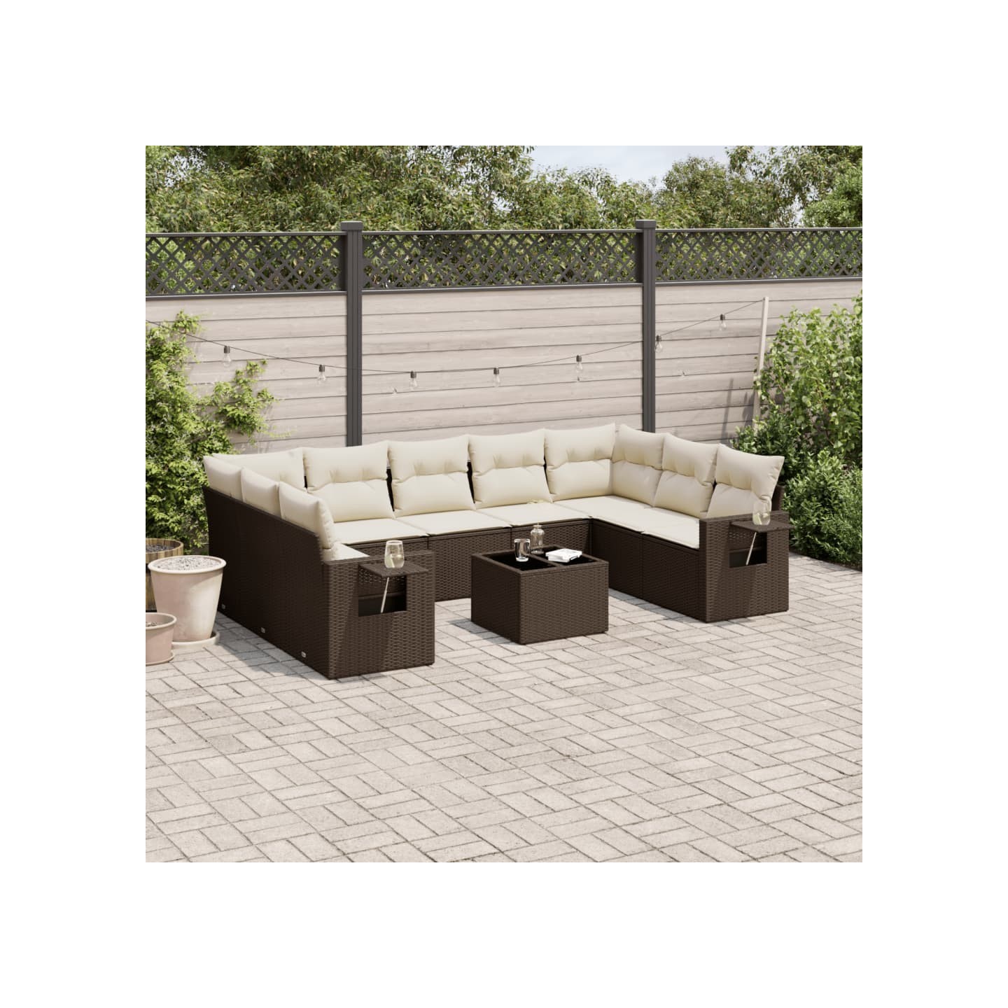 Salon de jardin 10 pcs avec coussins marron résine tressée
