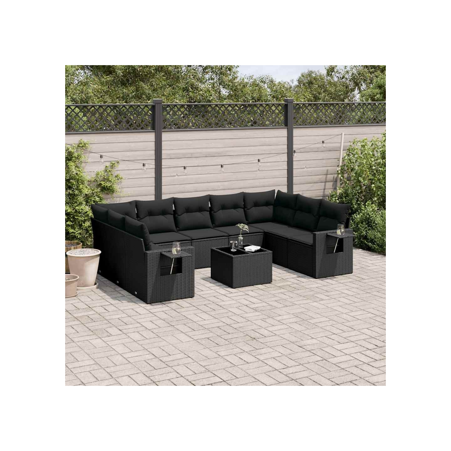 Salon de jardin 10 pcs avec coussins noir résine tressée
