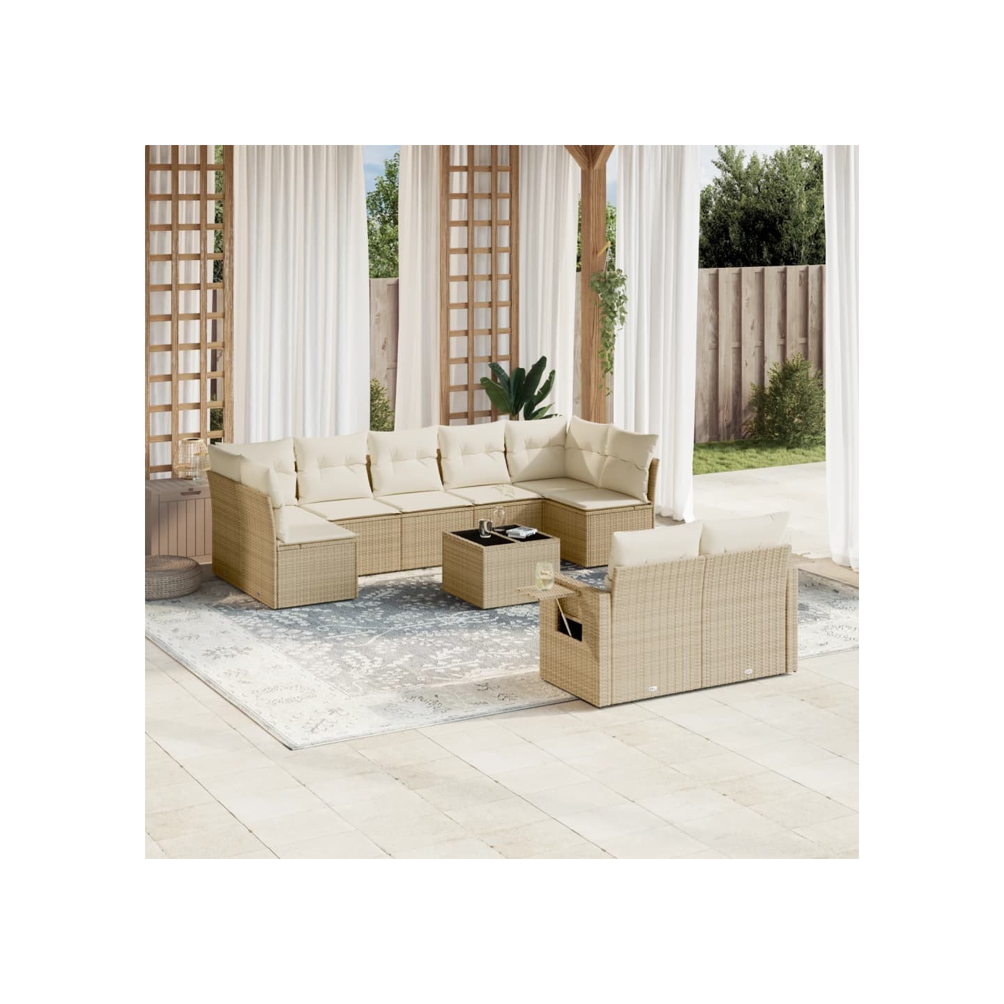 Salon de jardin avec coussins 10 pcs beige résine tressée