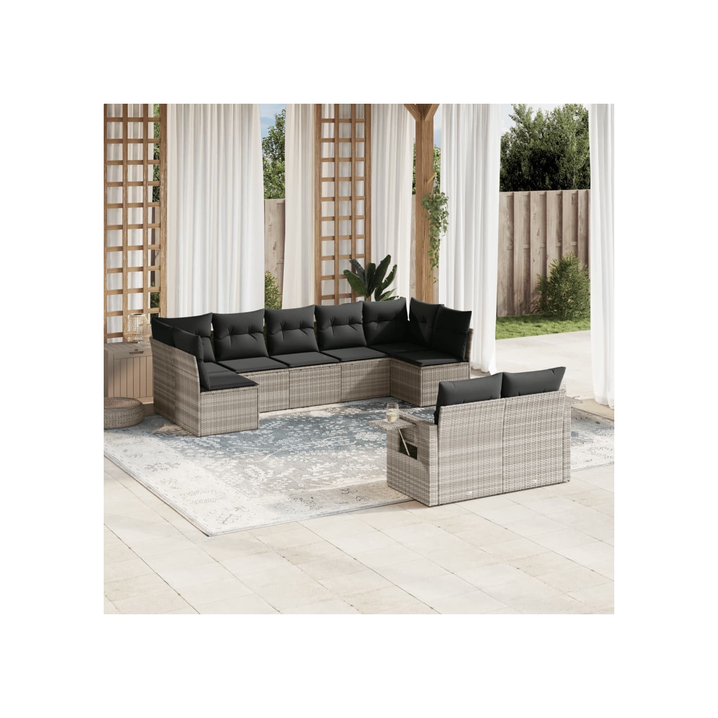Salon de jardin 9 pcs avec coussins gris clair résine tressée