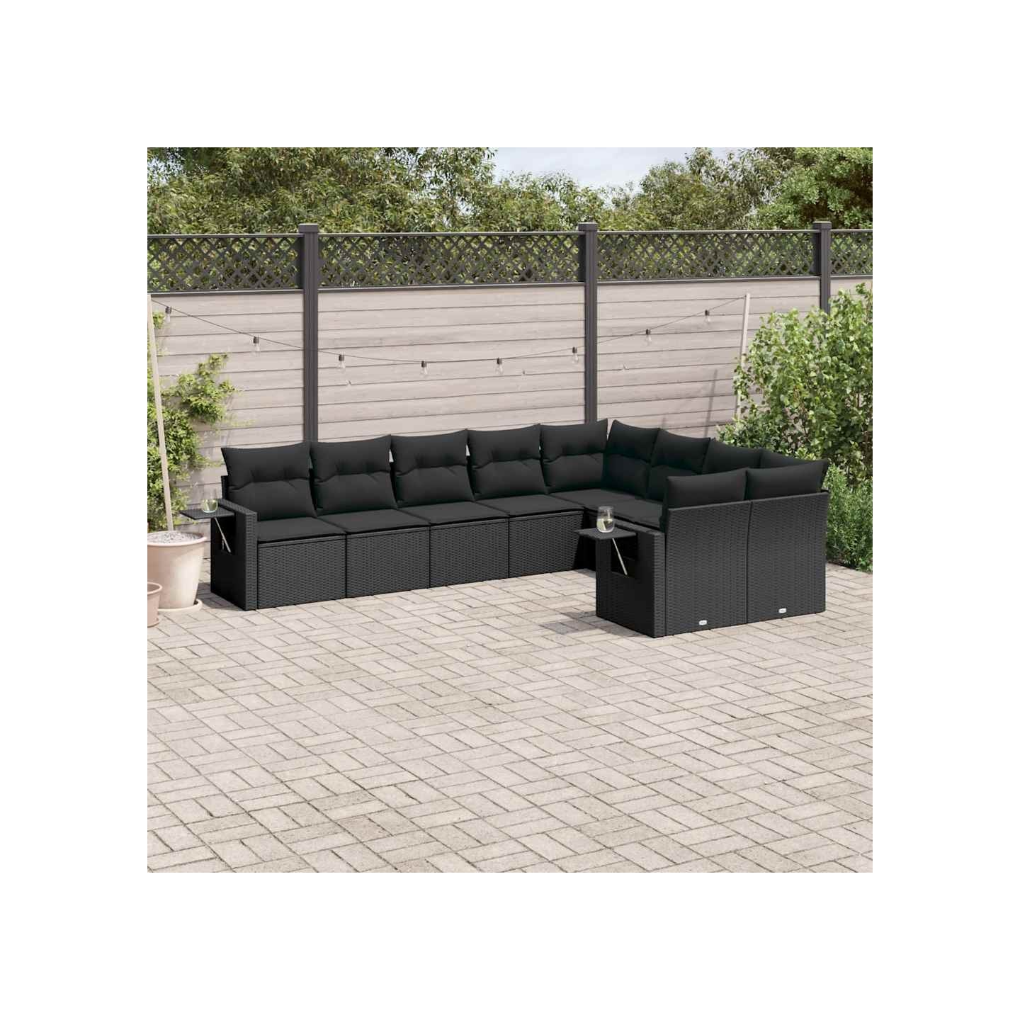 Salon de jardin 9 pcs avec coussins noir résine tressée