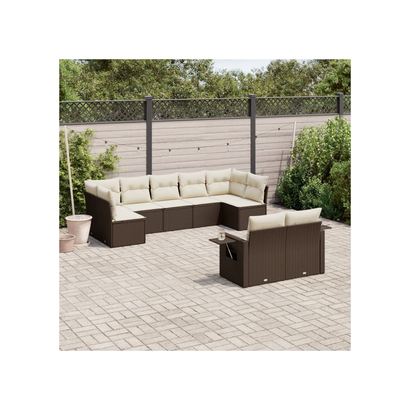 Salon de jardin avec coussins 9 pcs marron résine tressée