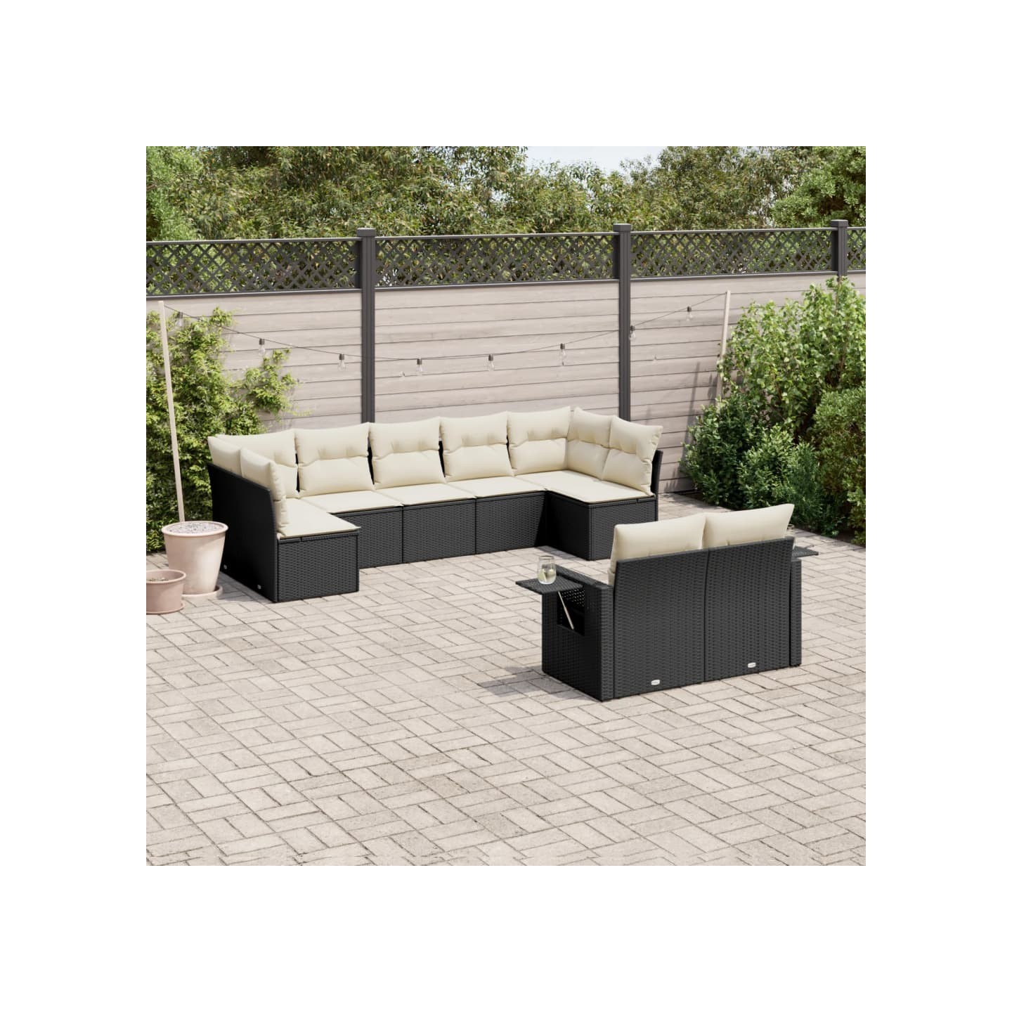 Salon de jardin 9 pcs avec coussins noir résine tressée