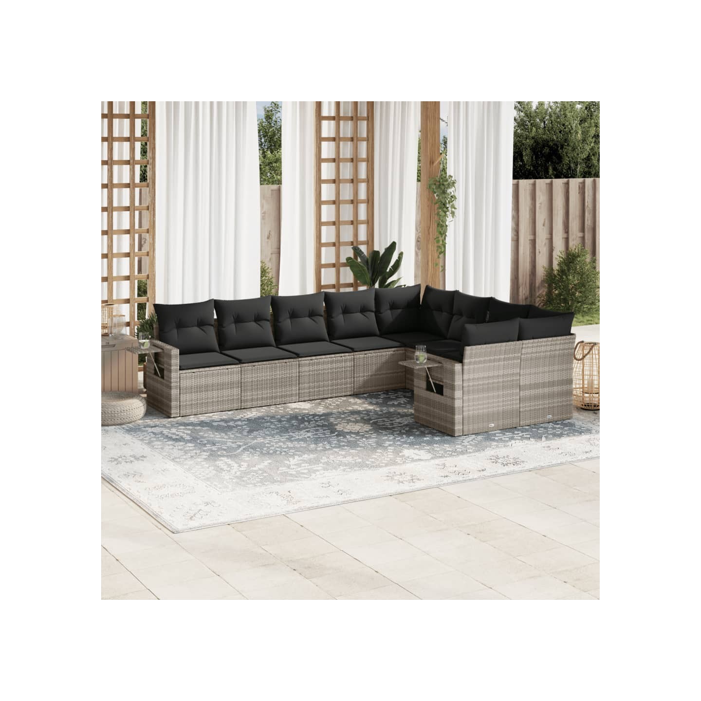 Salon de jardin 9 pcs avec coussins gris clair résine tressée