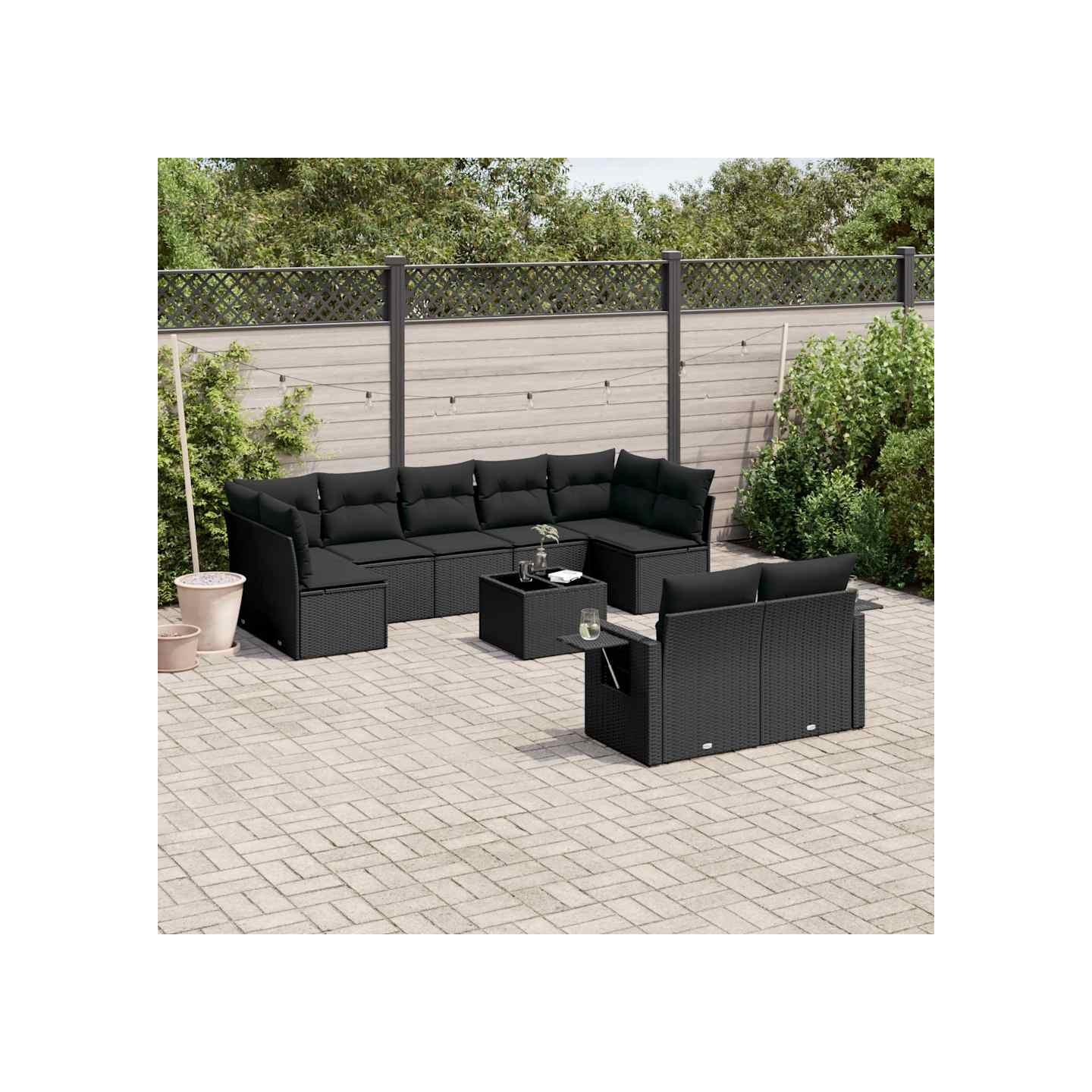 Salon de jardin 10 pcs avec coussins noir résine tressée