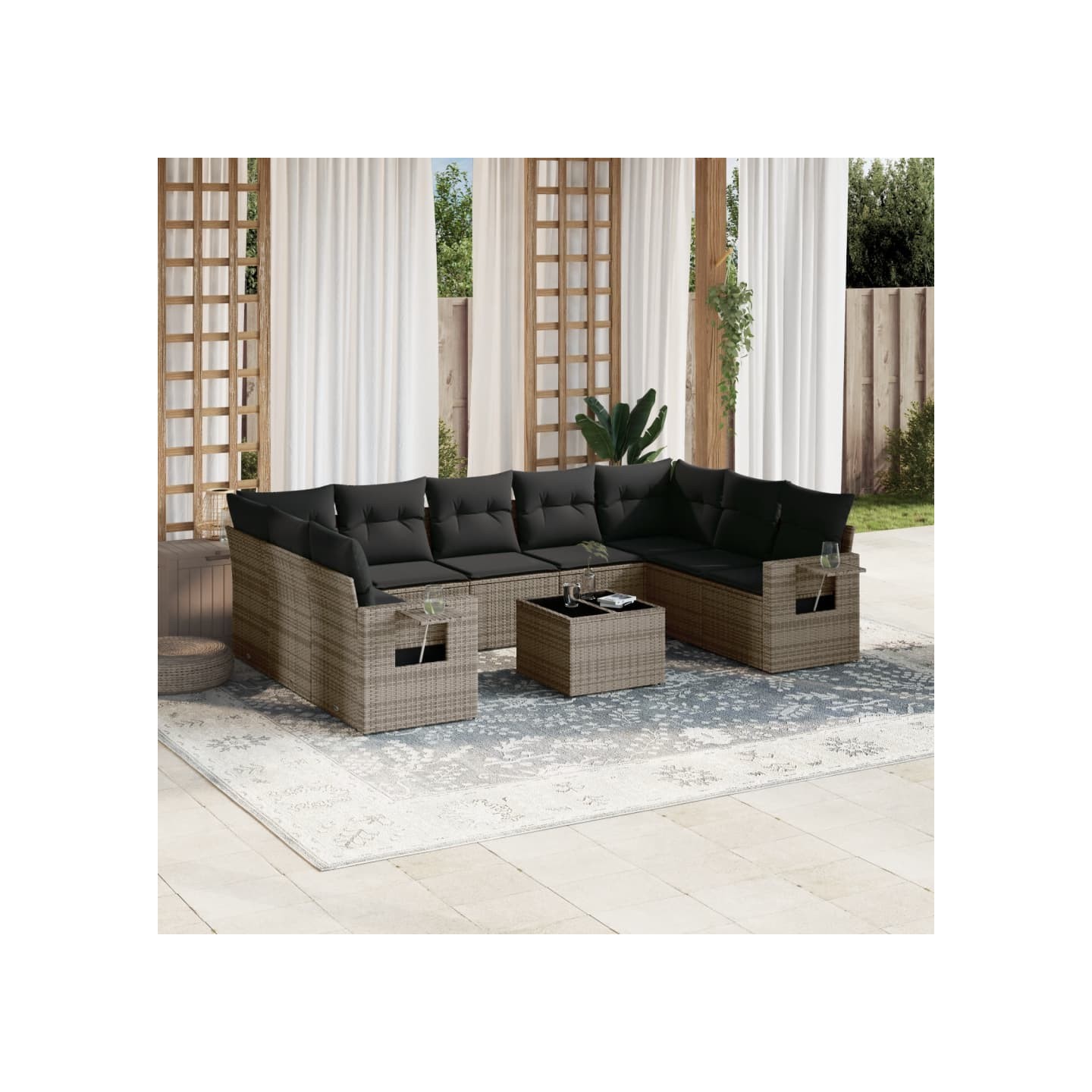 Salon de jardin avec coussins 10 pcs gris résine tressée