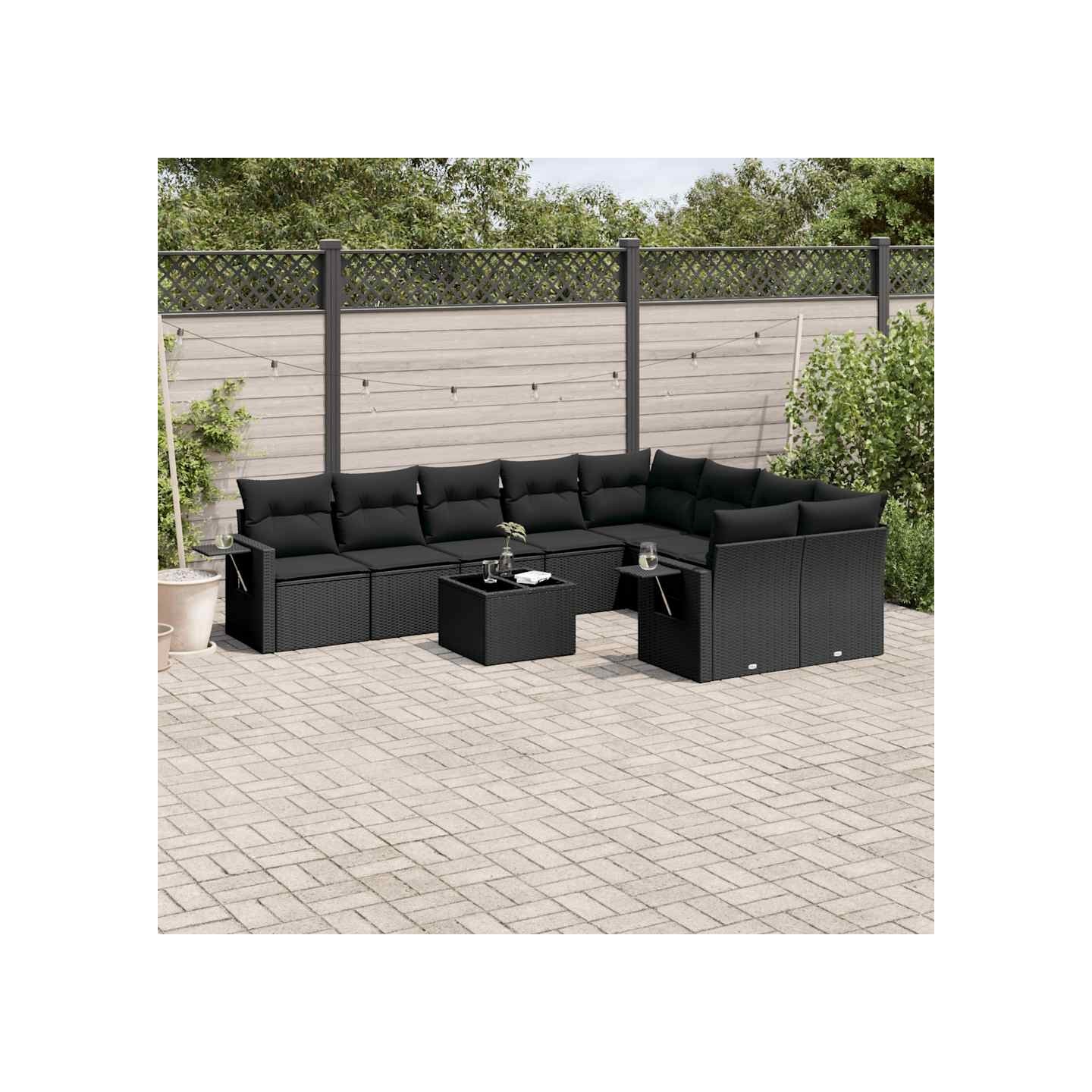 Salon de jardin 10 pcs avec coussins noir résine tressée