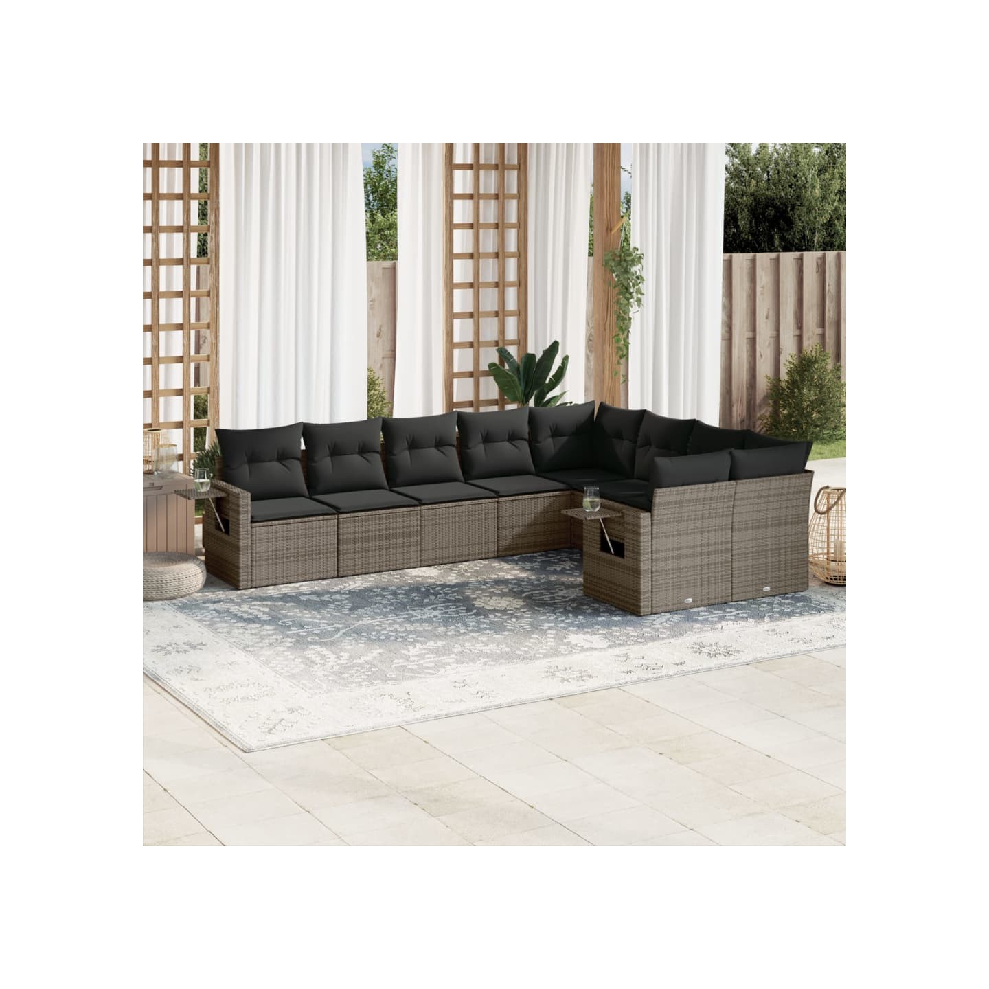Salon de jardin 9 pcs avec coussins gris résine tressée