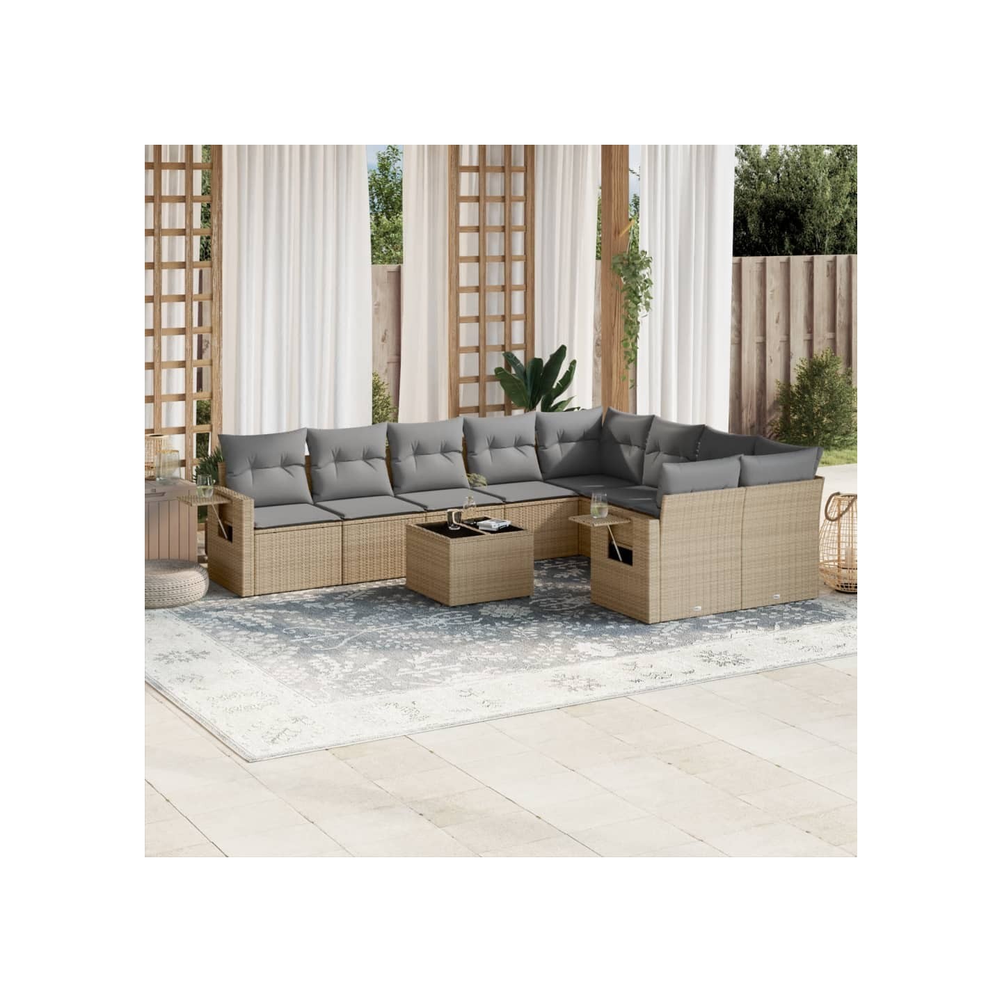 Salon de jardin avec coussins 10 pcs beige résine tressée