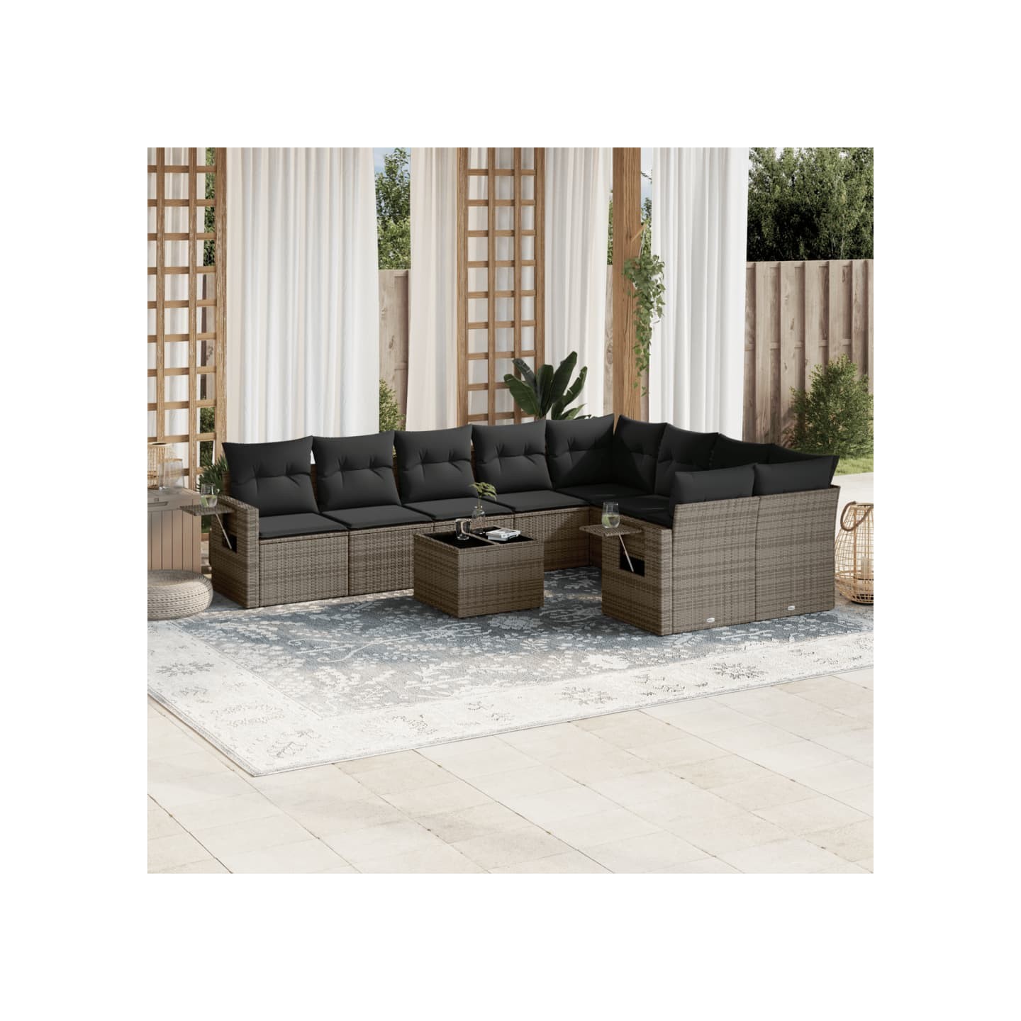Salon de jardin avec coussins 10 pcs gris résine tressée