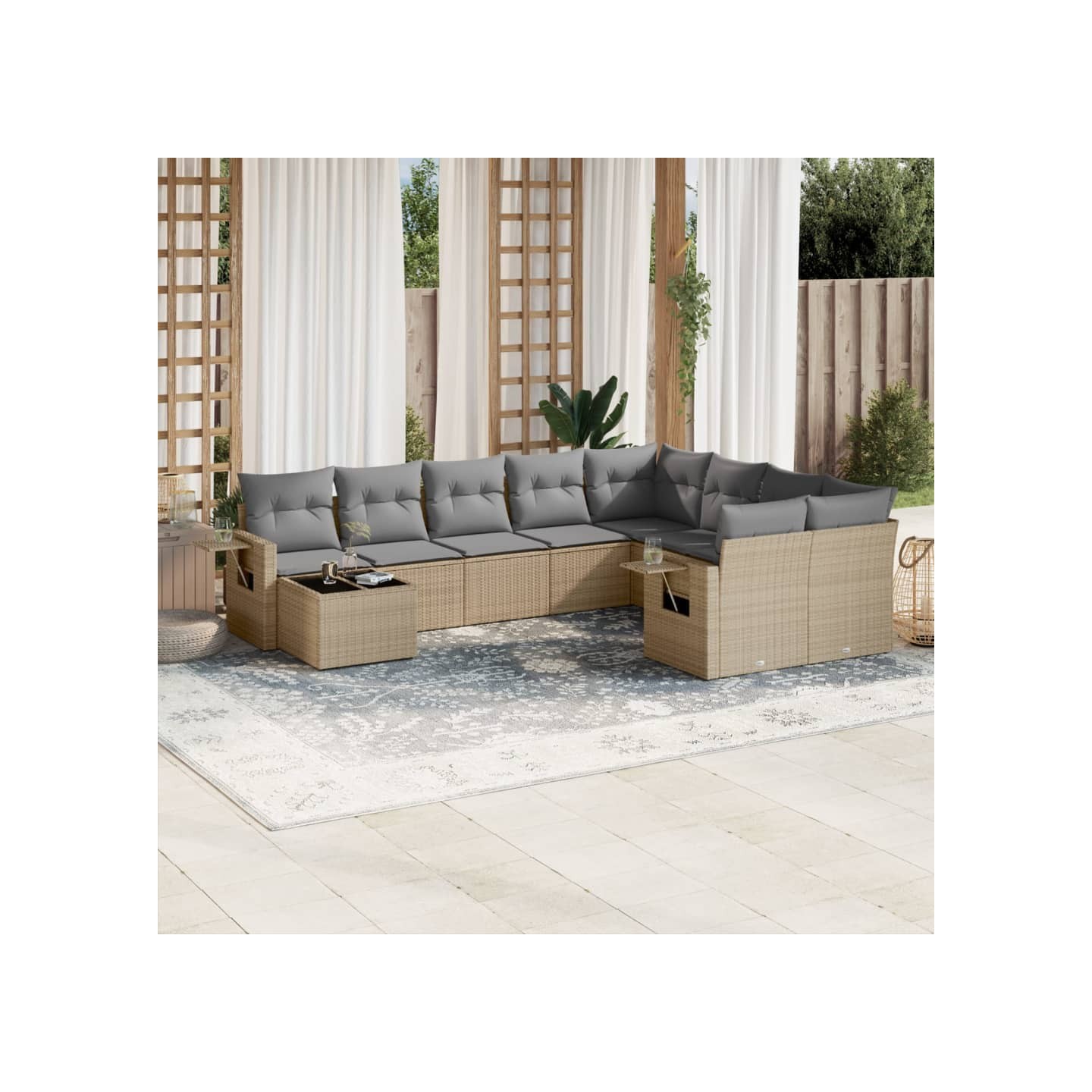 Salon de jardin avec coussins 10 pcs beige résine tressée