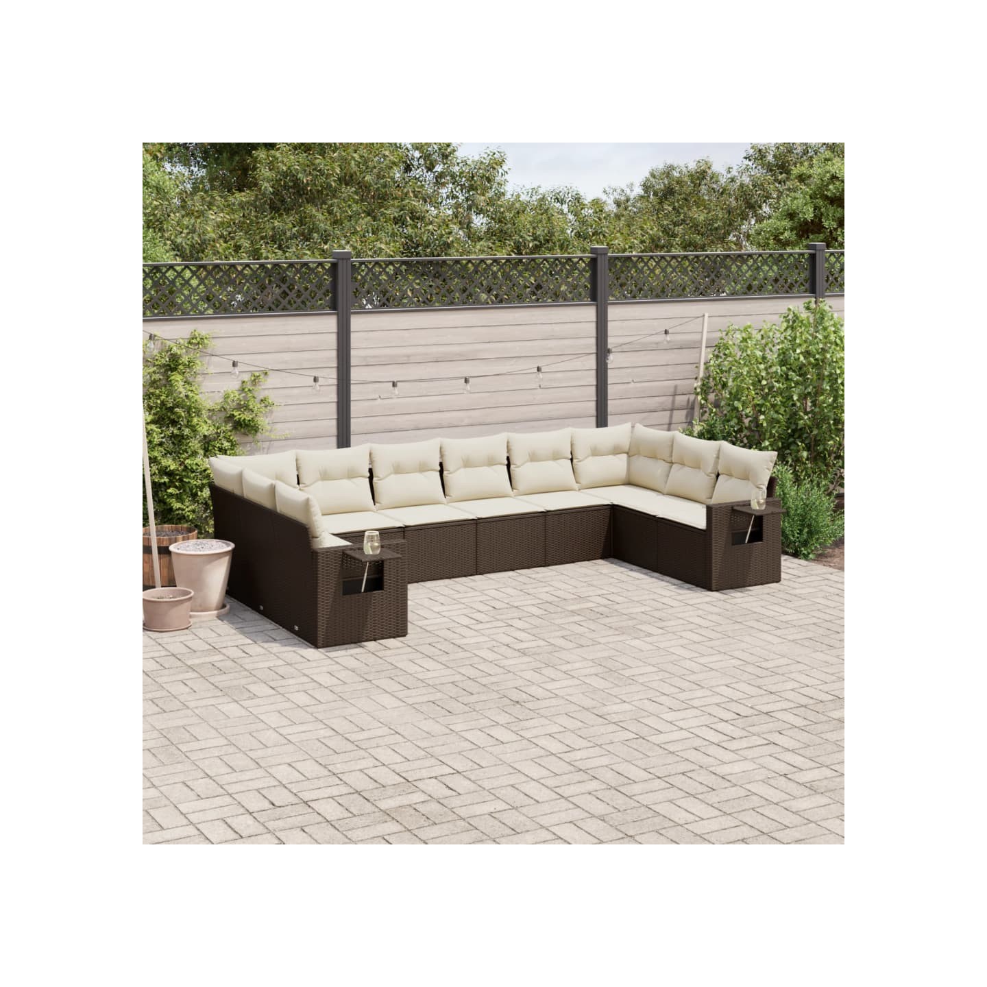 Salon de jardin 10 pcs avec coussins marron résine tressée