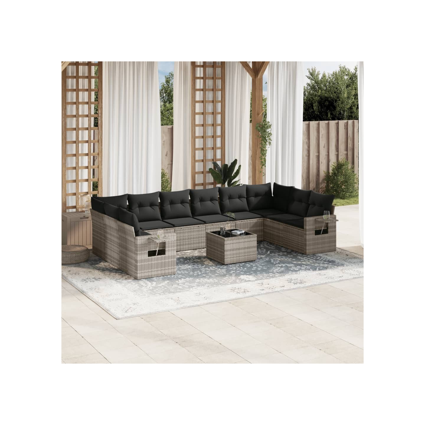 Salon de jardin 11 pcs avec coussins gris clair résine tressée