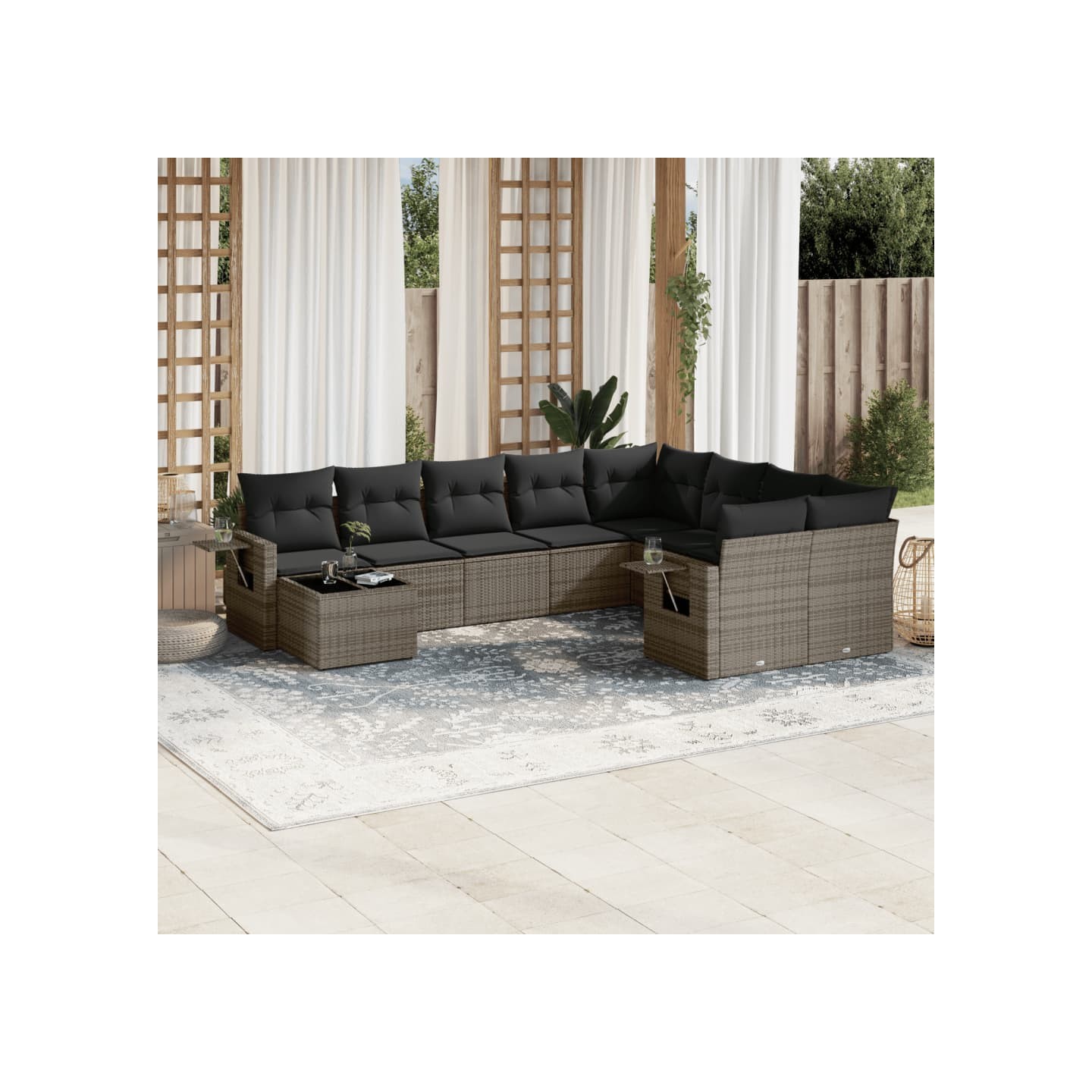 Salon de jardin avec coussins 10 pcs gris résine tressée