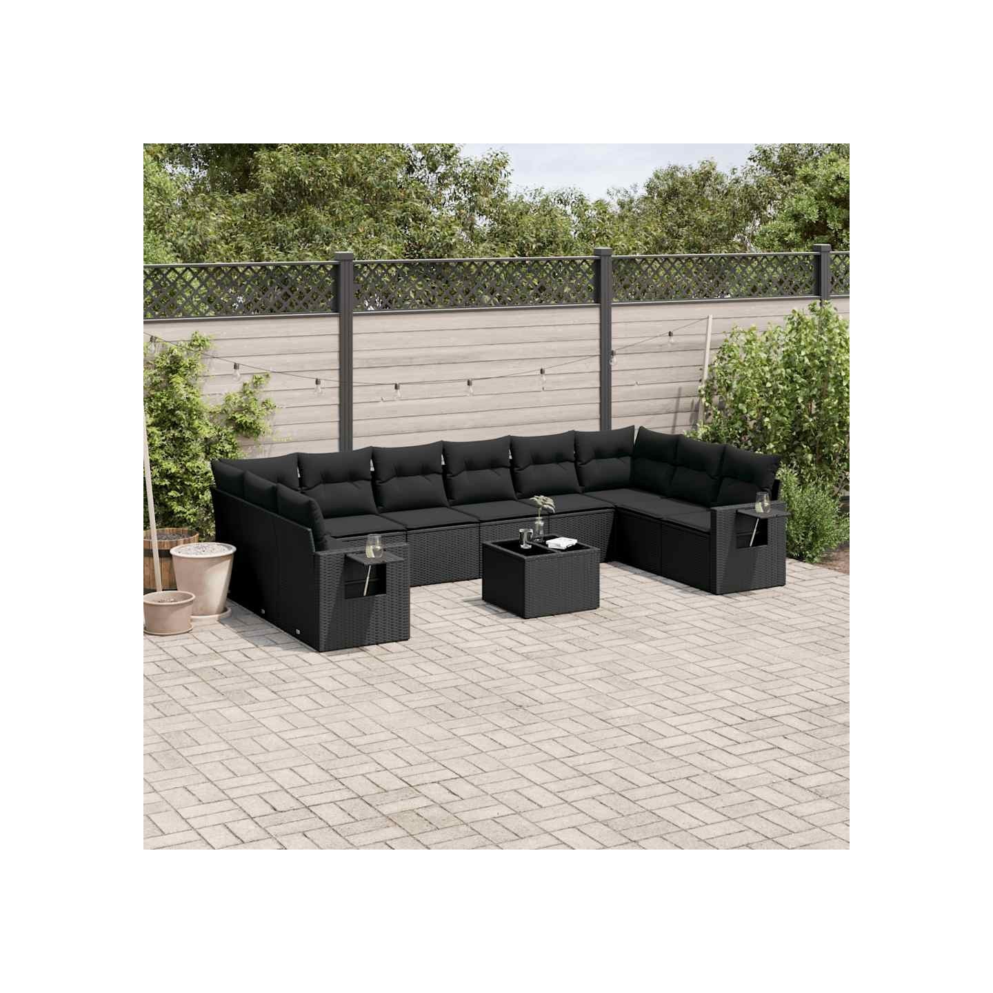 Salon de jardin 11 pcs avec coussins noir résine tressée