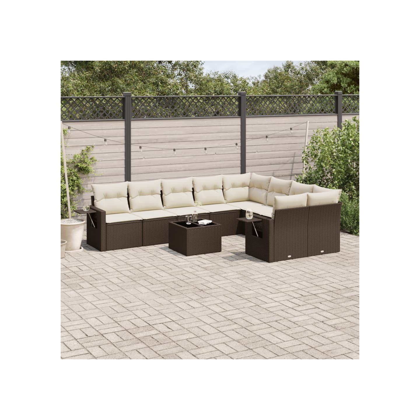 Salon de jardin 10 pcs avec coussins marron résine tressée