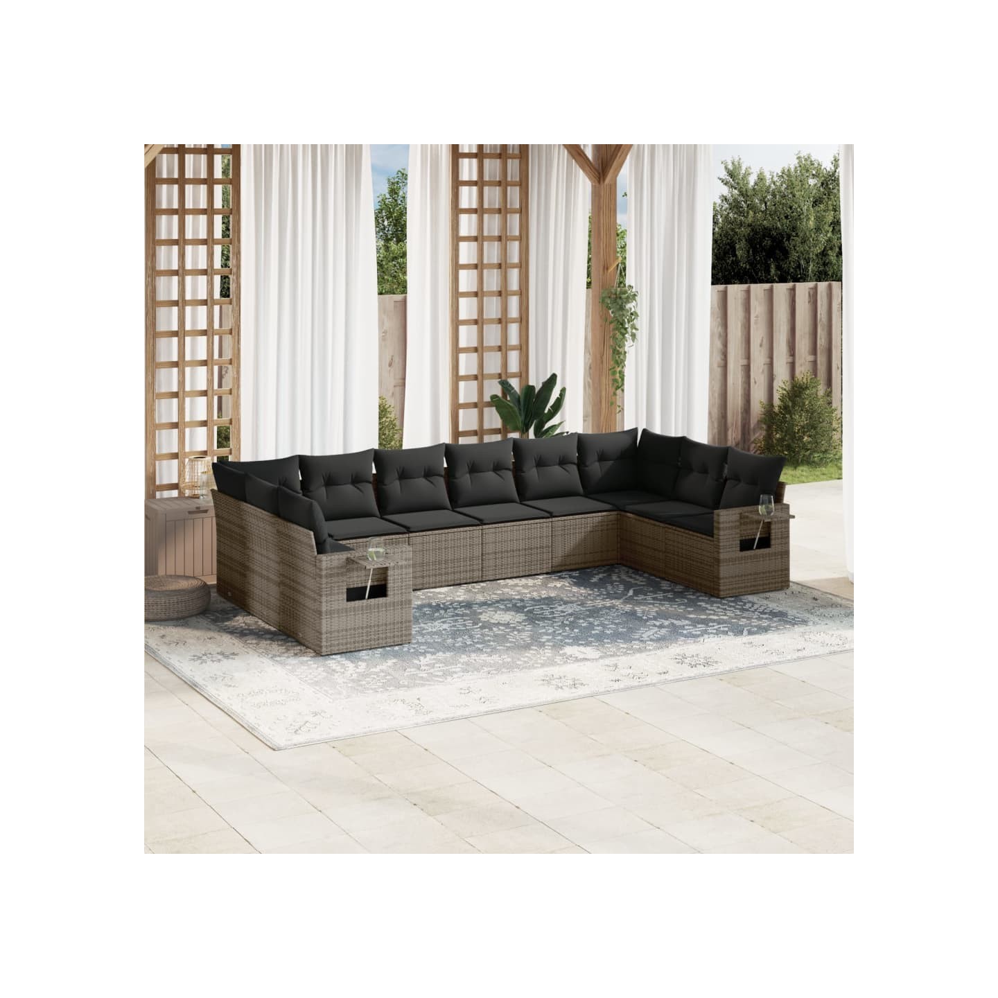 Salon de jardin avec coussins 10 pcs gris résine tressée