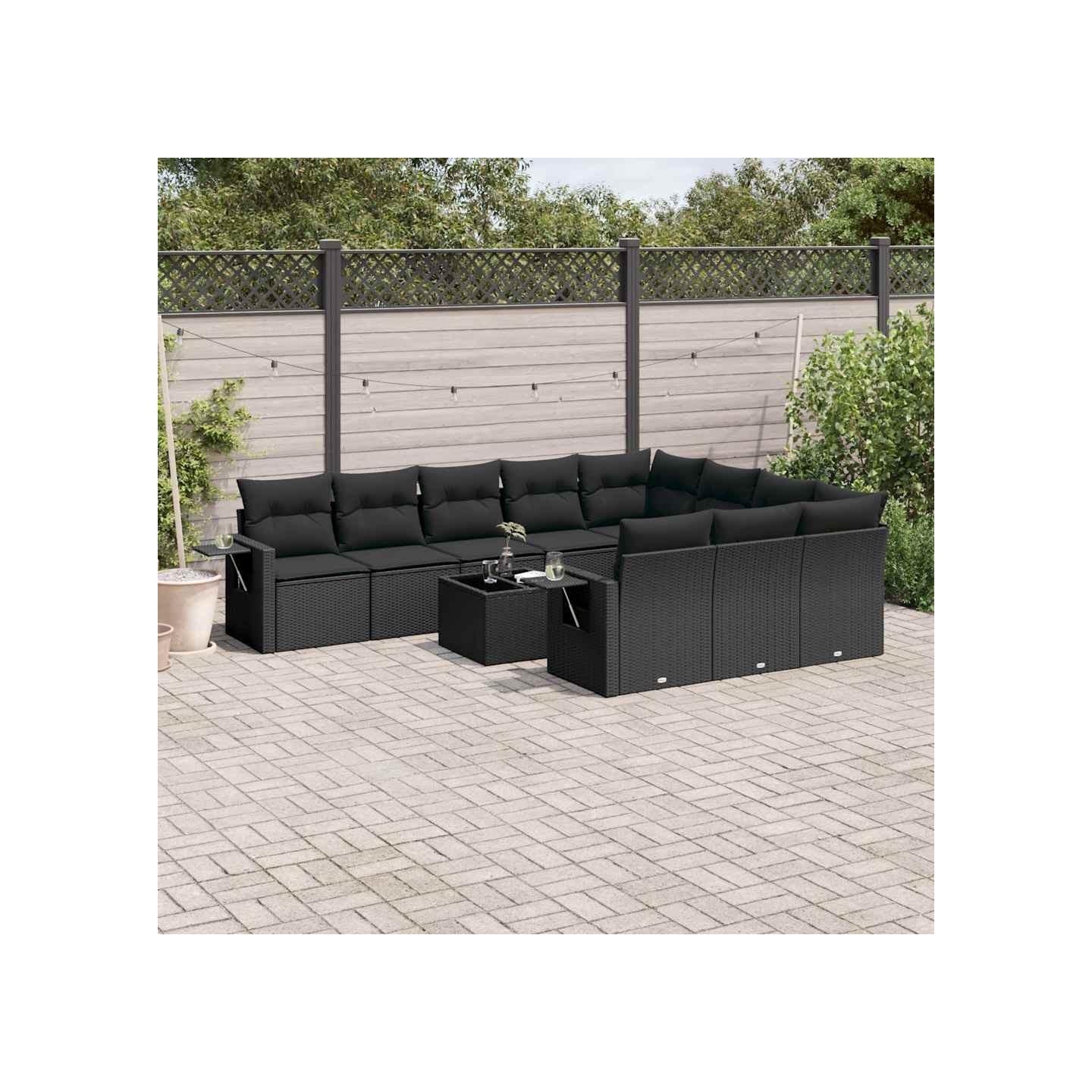 Salon de jardin 11 pcs avec coussins noir résine tressée