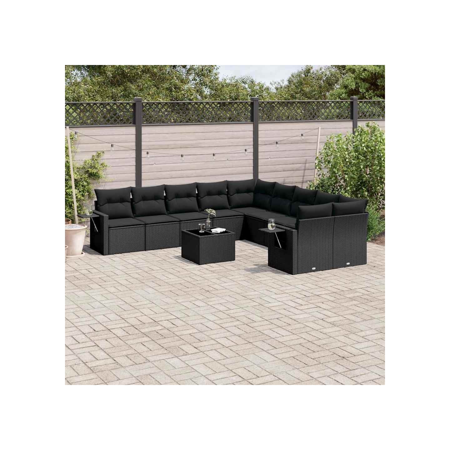 Salon de jardin 11 pcs avec coussins noir résine tressée