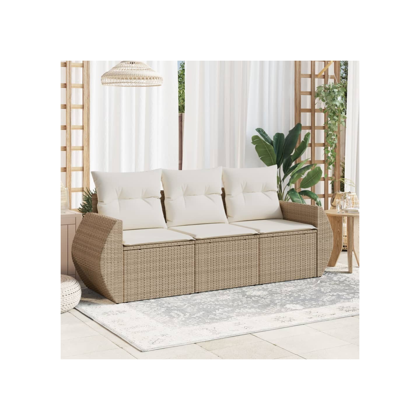 Salon de jardin avec coussins 3 pcs beige résine tressée