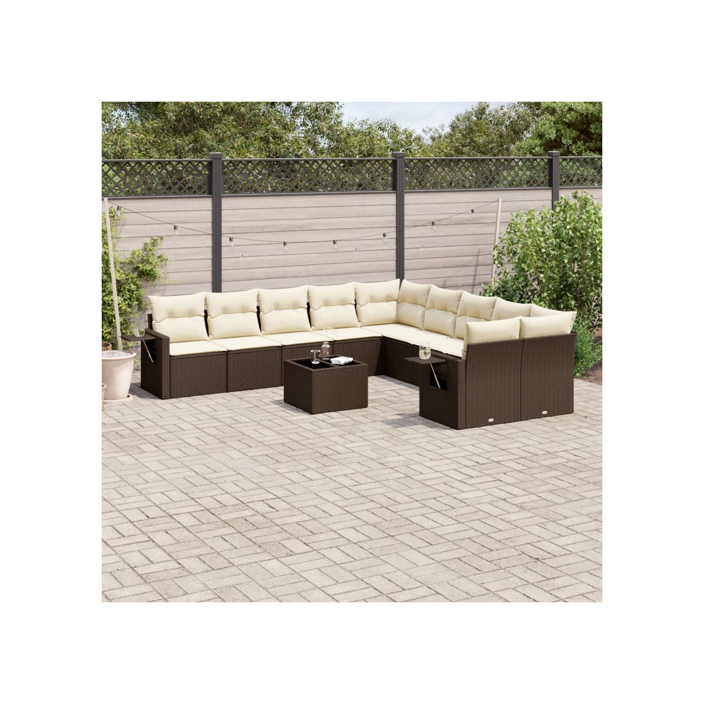 Salon de jardin et coussins 11 pcs marron résine tressée