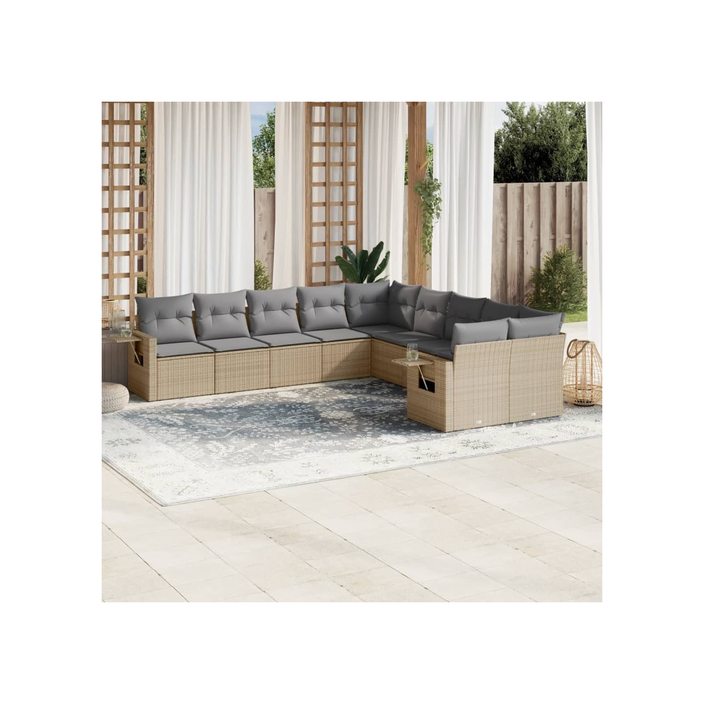 Salon de jardin avec coussins 10 pcs beige résine tressée