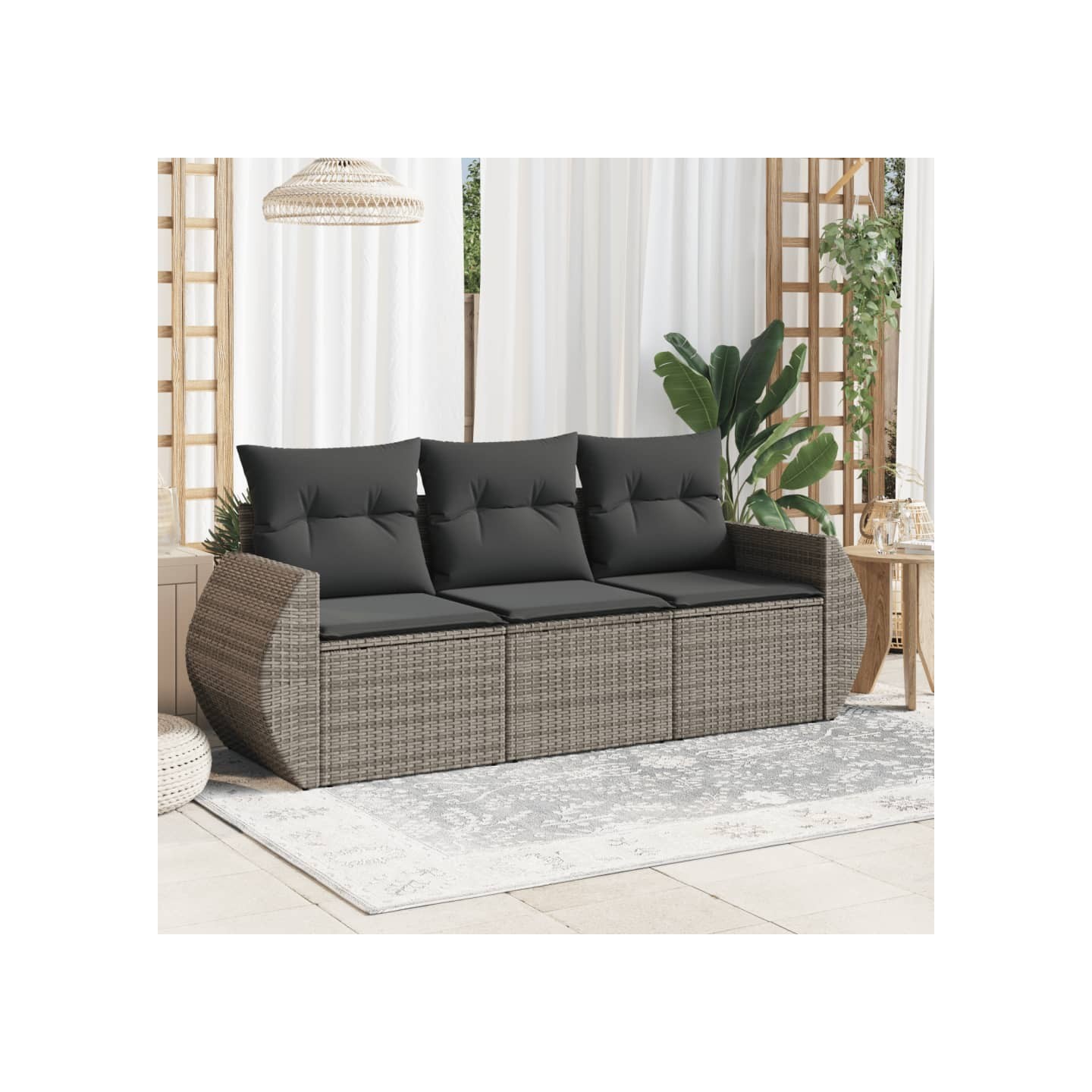 Salon de jardin avec coussins 3 pcs gris résine tressée