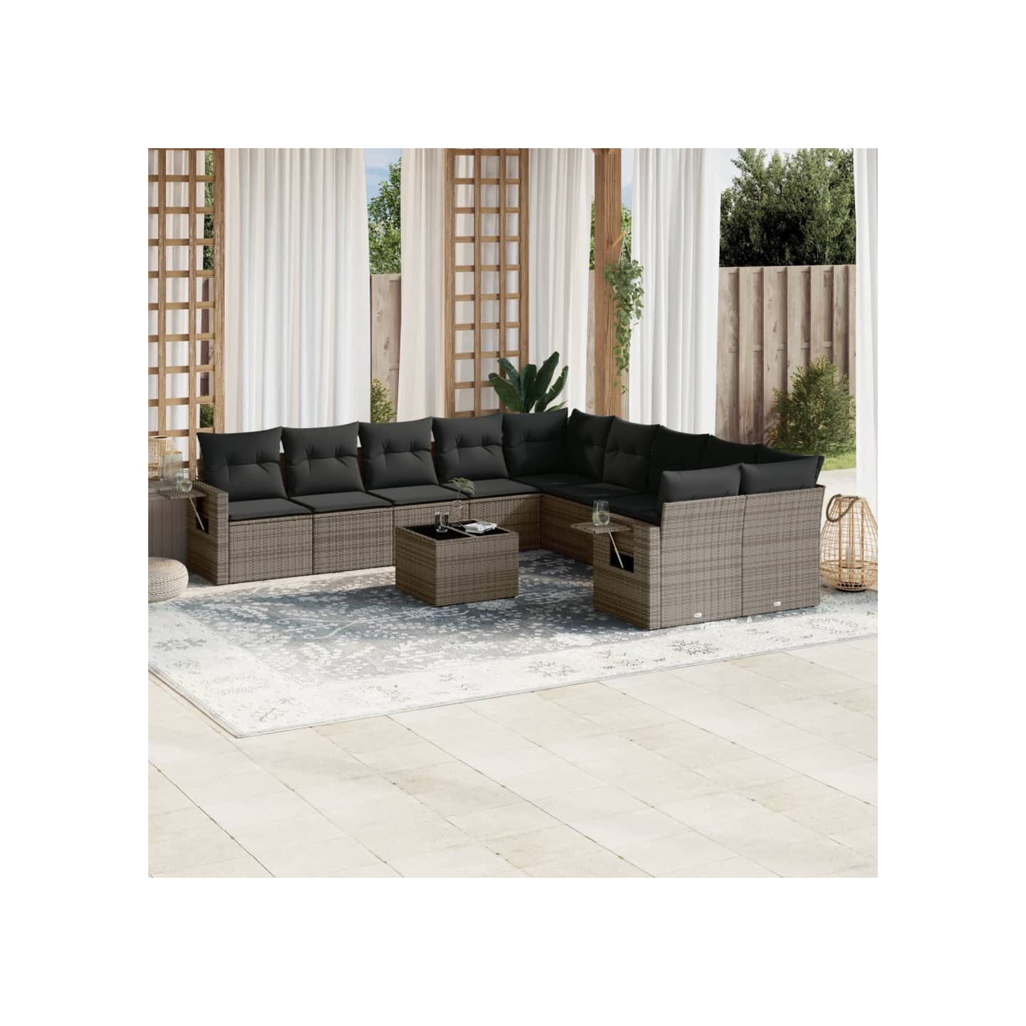 Salon de jardin 11 pcs avec coussins gris résine tressée