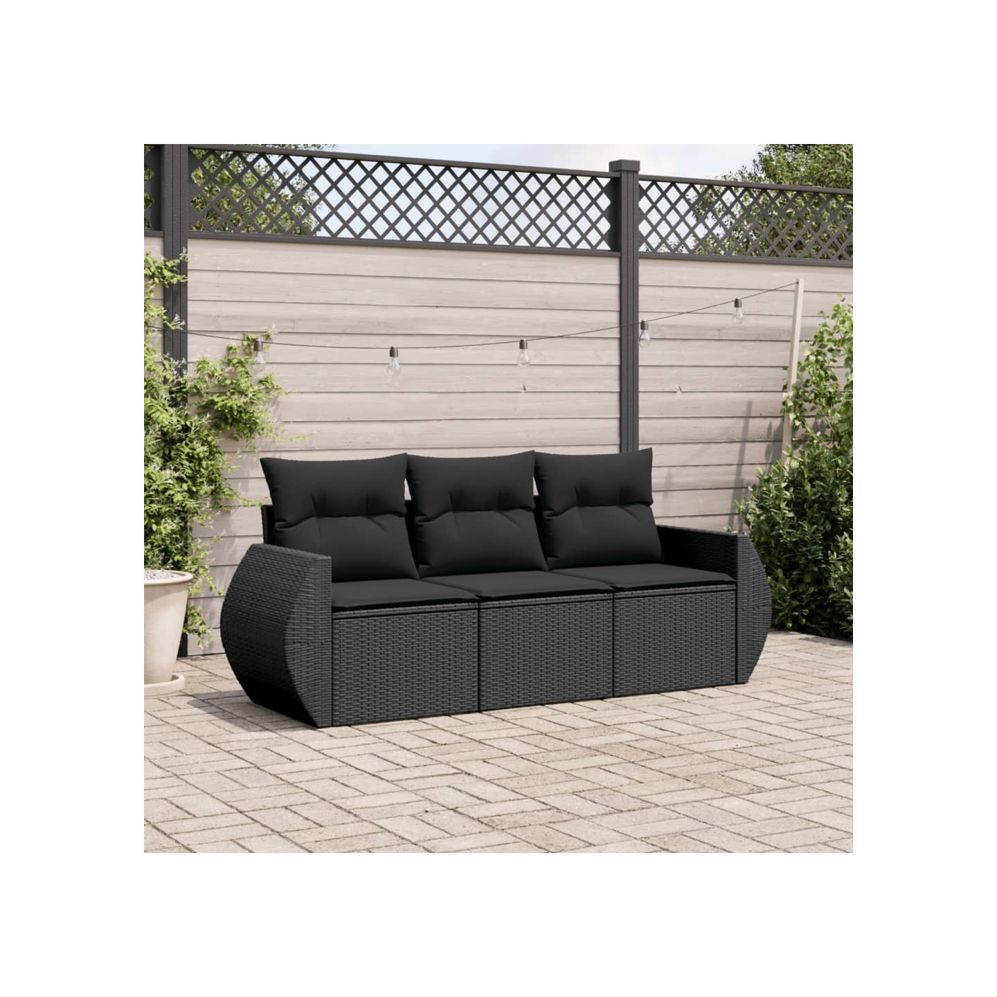Salon de jardin 3 pcs avec coussins noir résine tressée