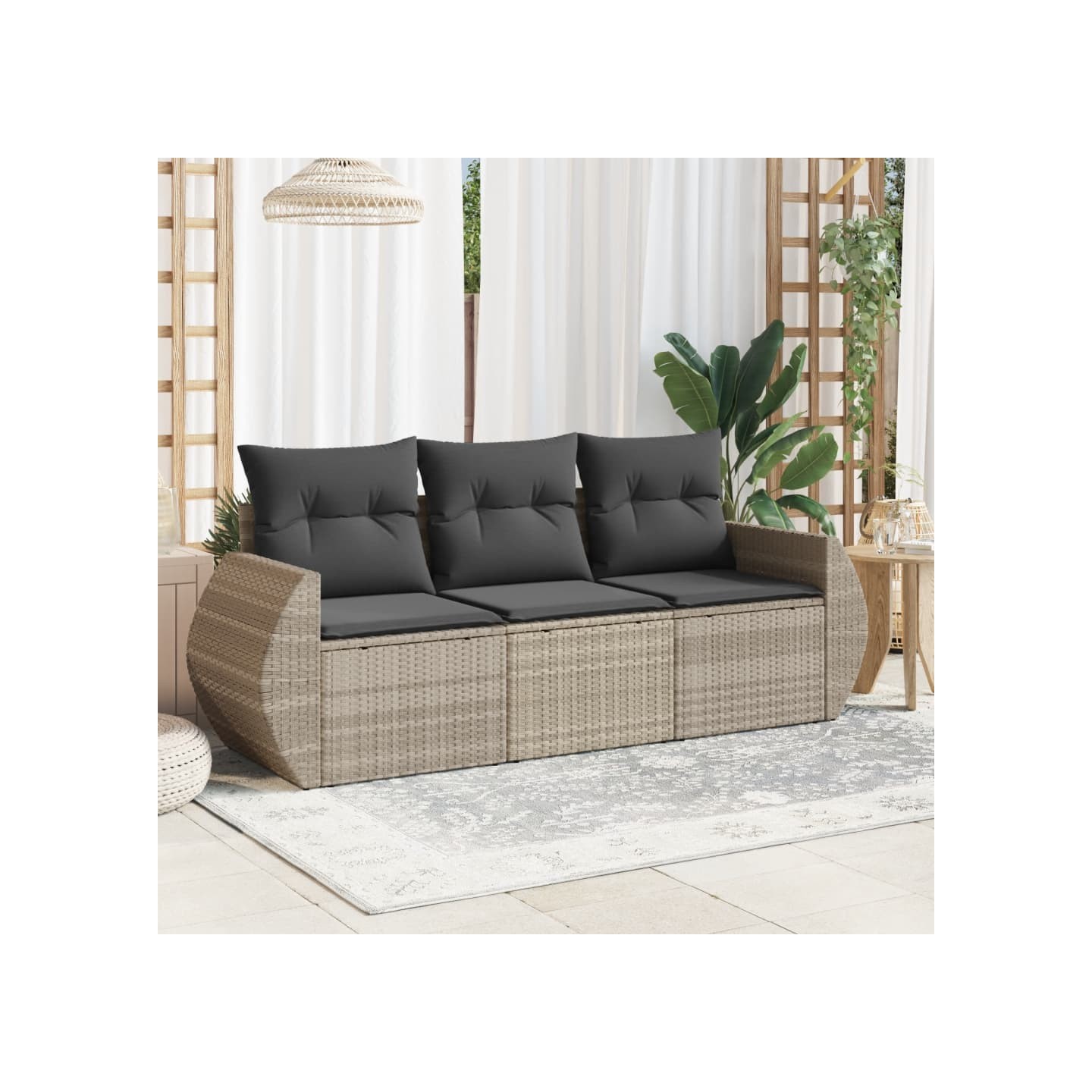 Salon de jardin avec coussins 3 pcs gris clair résine tressée