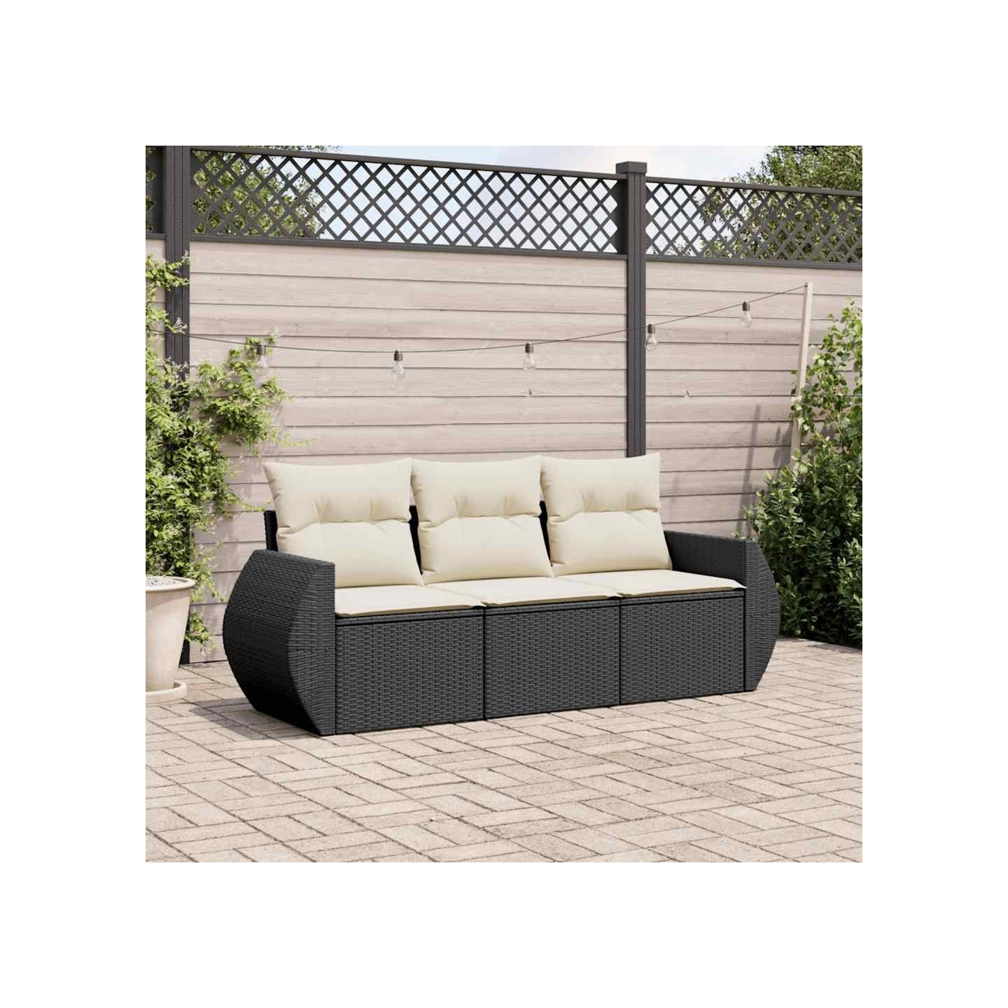 Salon de jardin 3 pcs avec coussins noir résine tressée