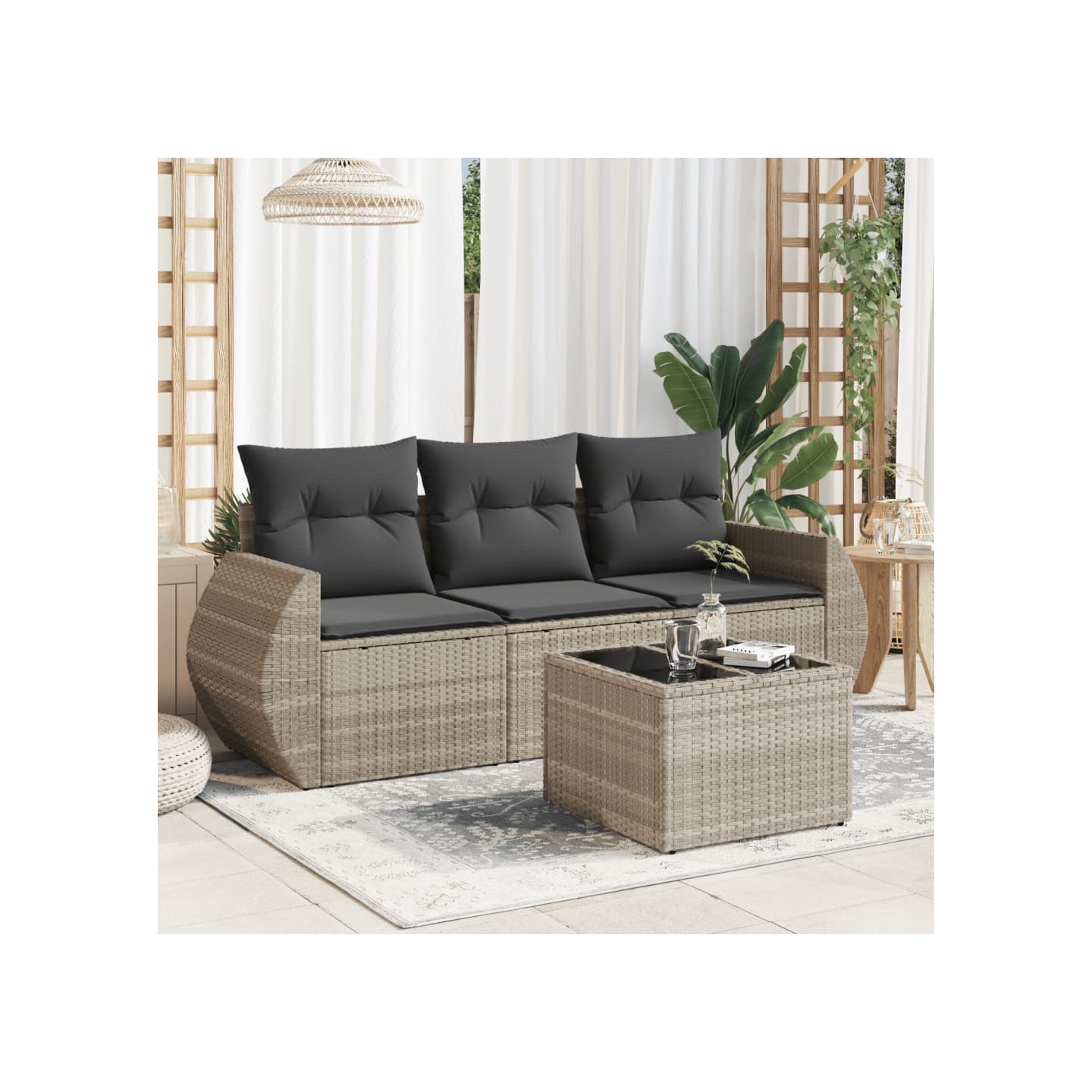 Salon de jardin 4 pcs avec coussins gris clair résine tressée