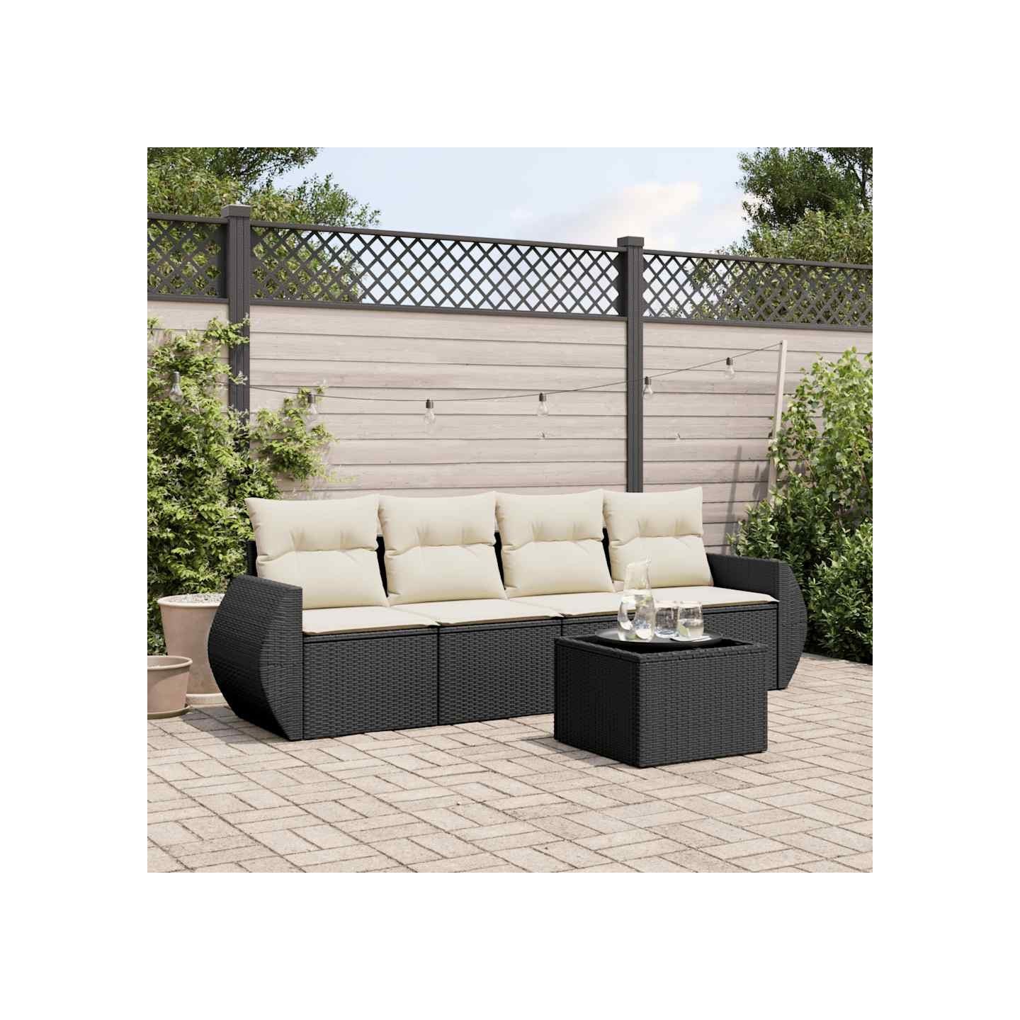Salon de jardin 5 pcs avec coussins noir résine tressée