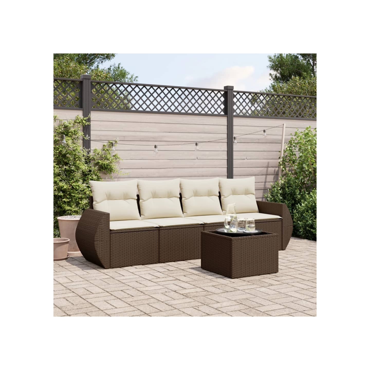 Salon de jardin avec coussins 5 pcs marron résine tressée