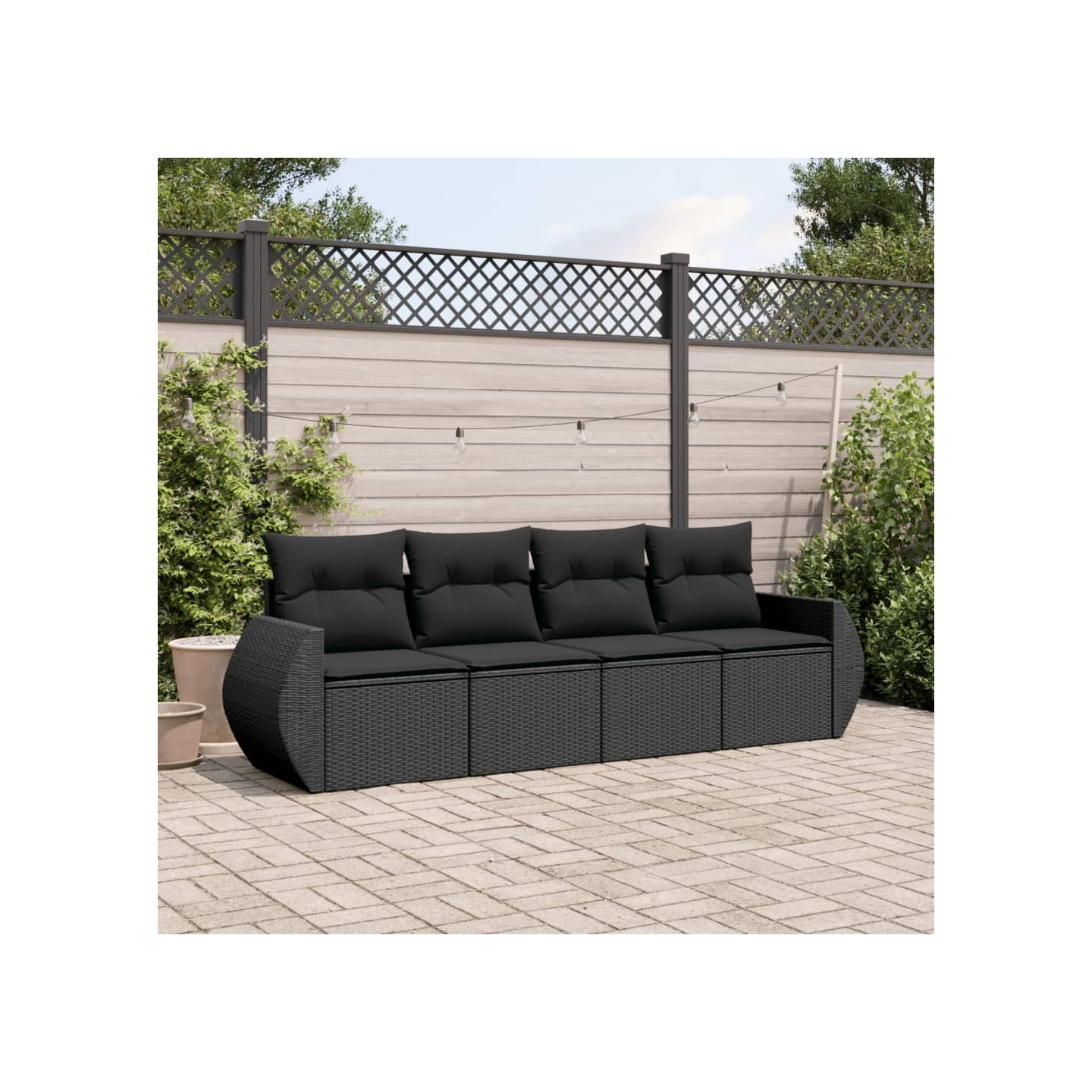 Salon de jardin 4 pcs avec coussins noir résine tressée