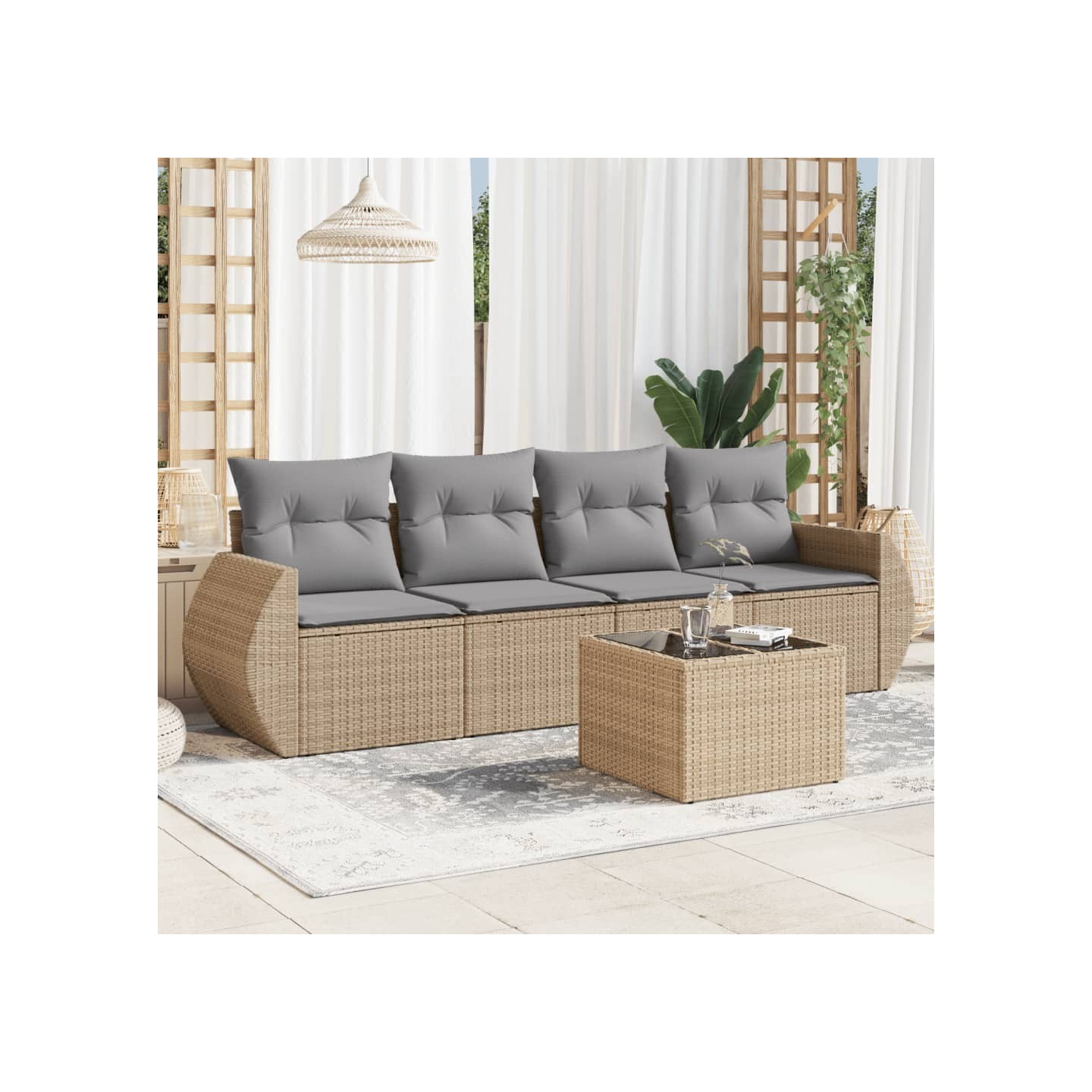 Salon de jardin avec coussins 5 pcs beige résine tressée