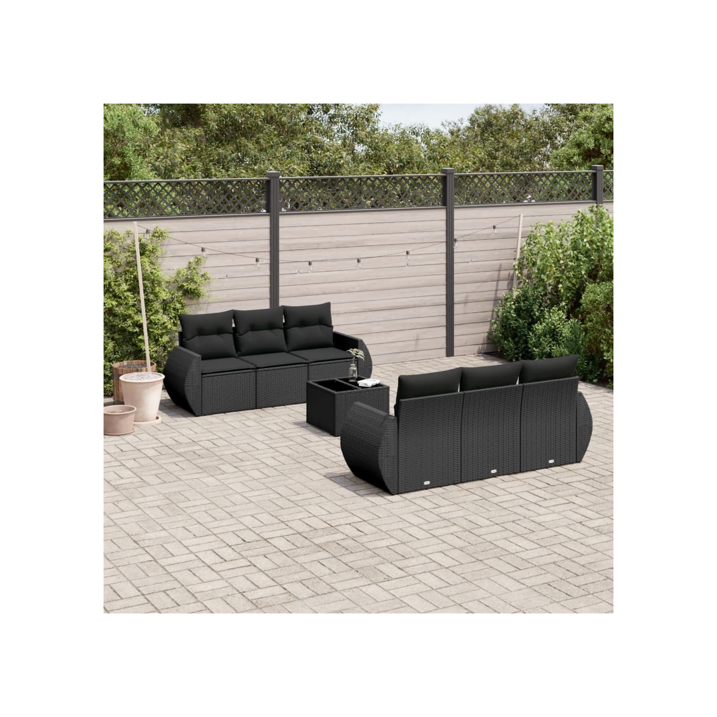 Salon de jardin 7 pcs avec coussins noir résine tressée
