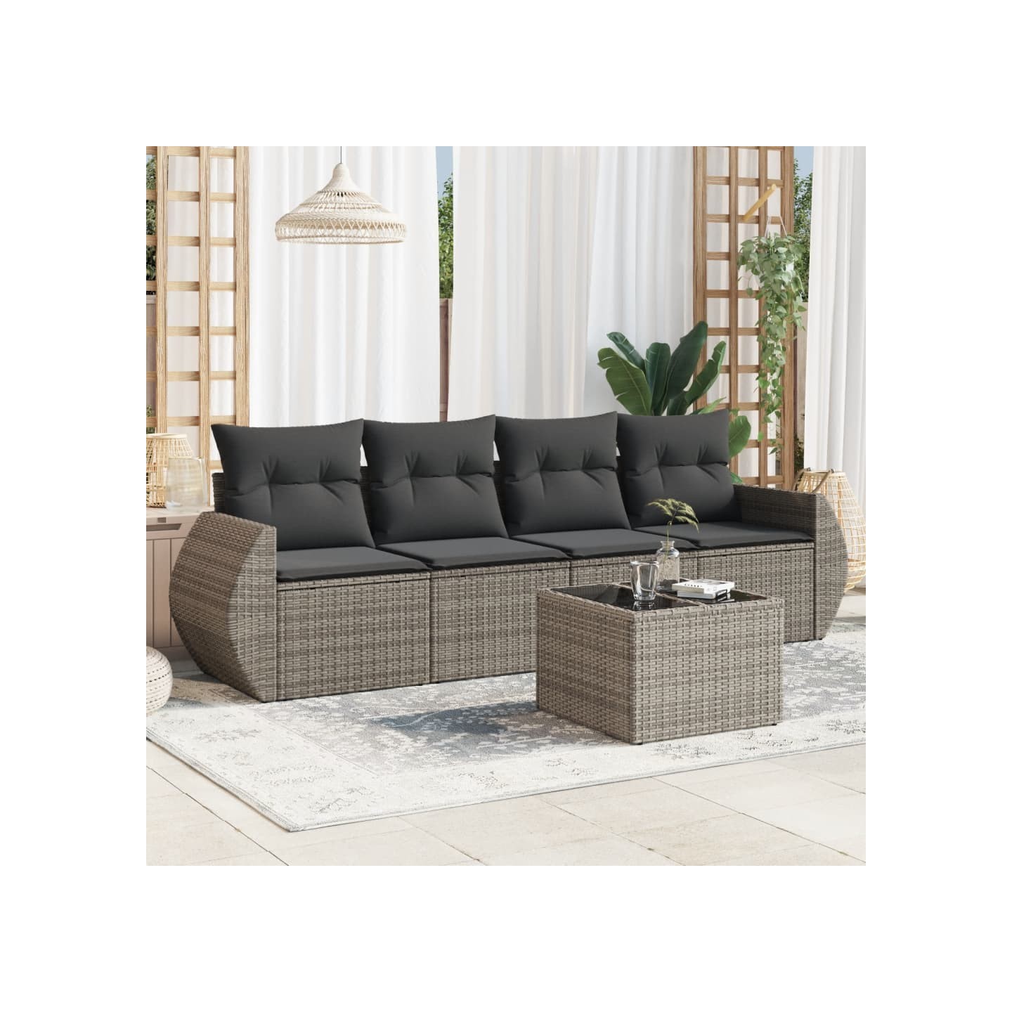 Salon de jardin 5 pcs avec coussins gris résine tressée