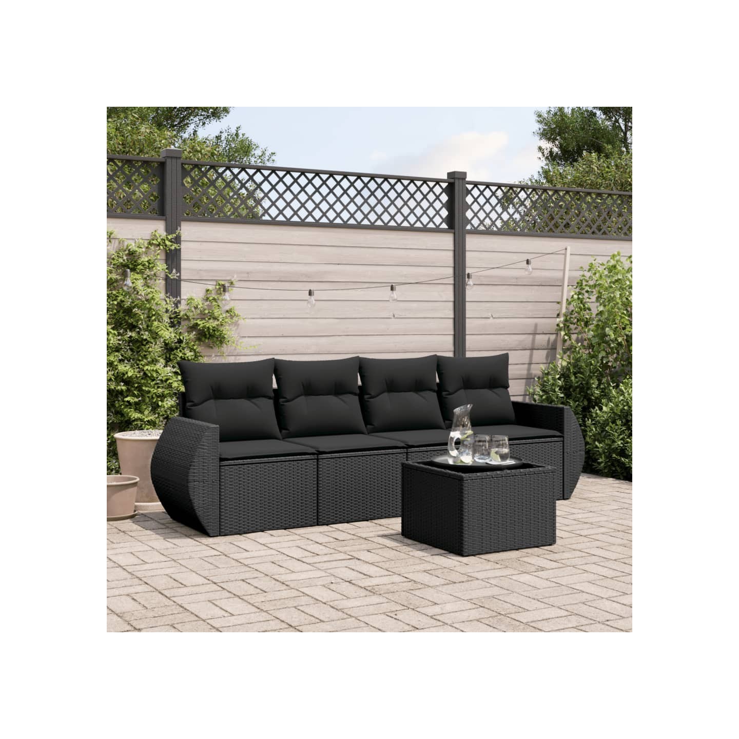 Salon de jardin 5 pcs avec coussins noir résine tressée