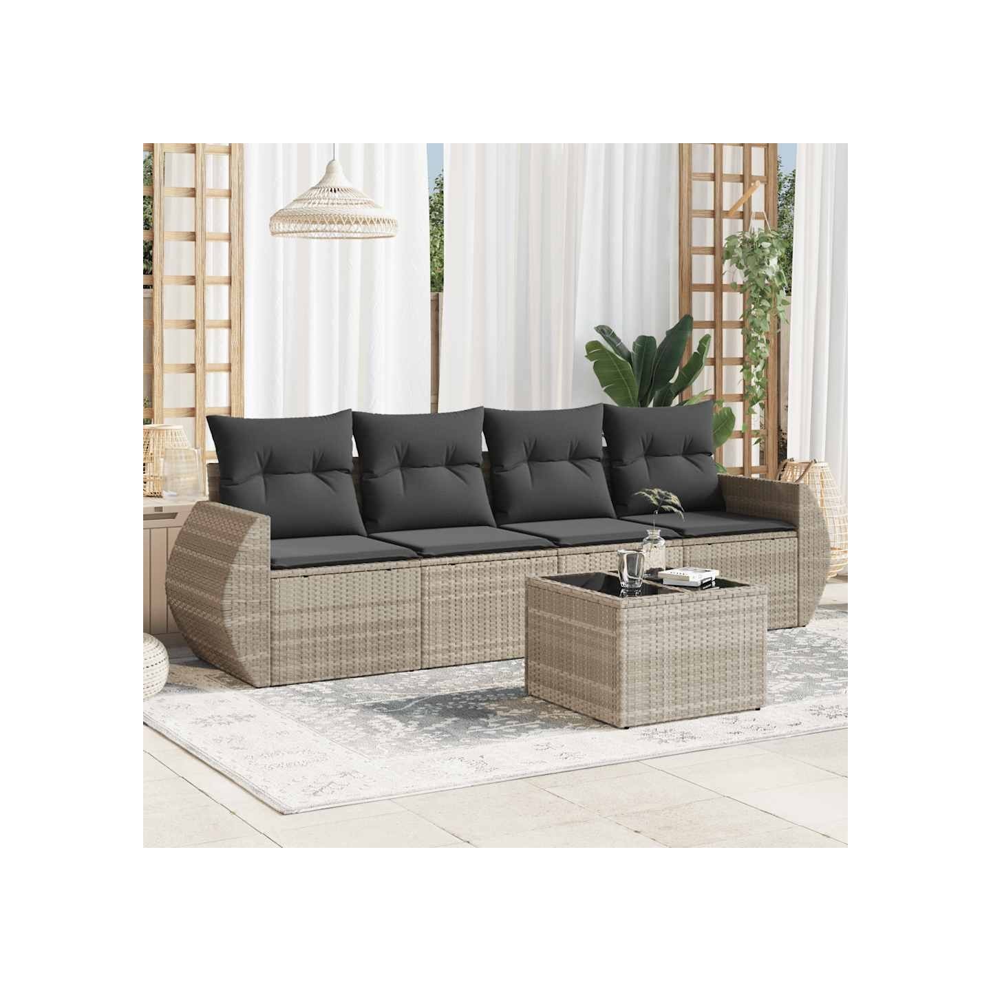 Salon de jardin 5 pcs avec coussins gris clair résine tressée