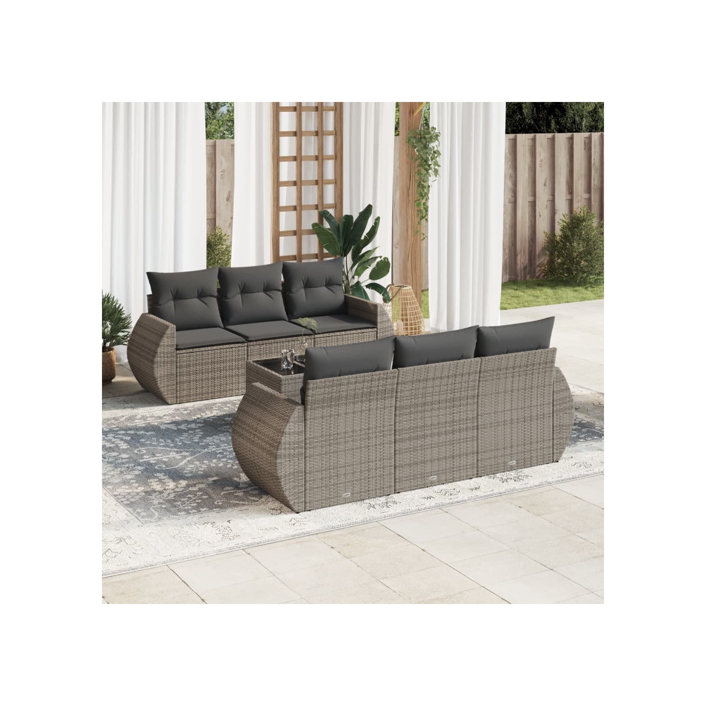 Salon de jardin avec coussins 7 pcs gris résine tressée