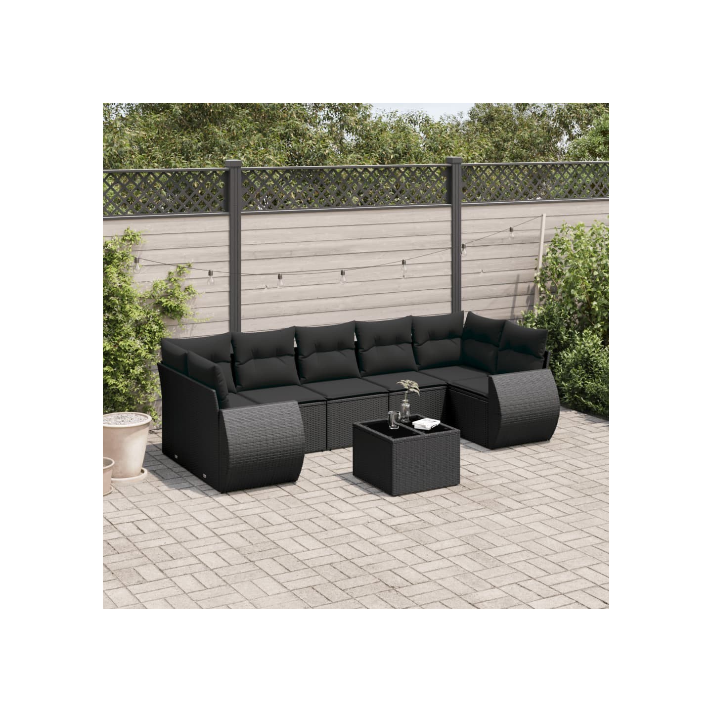 Salon de jardin 8 pcs avec coussins noir résine tressée