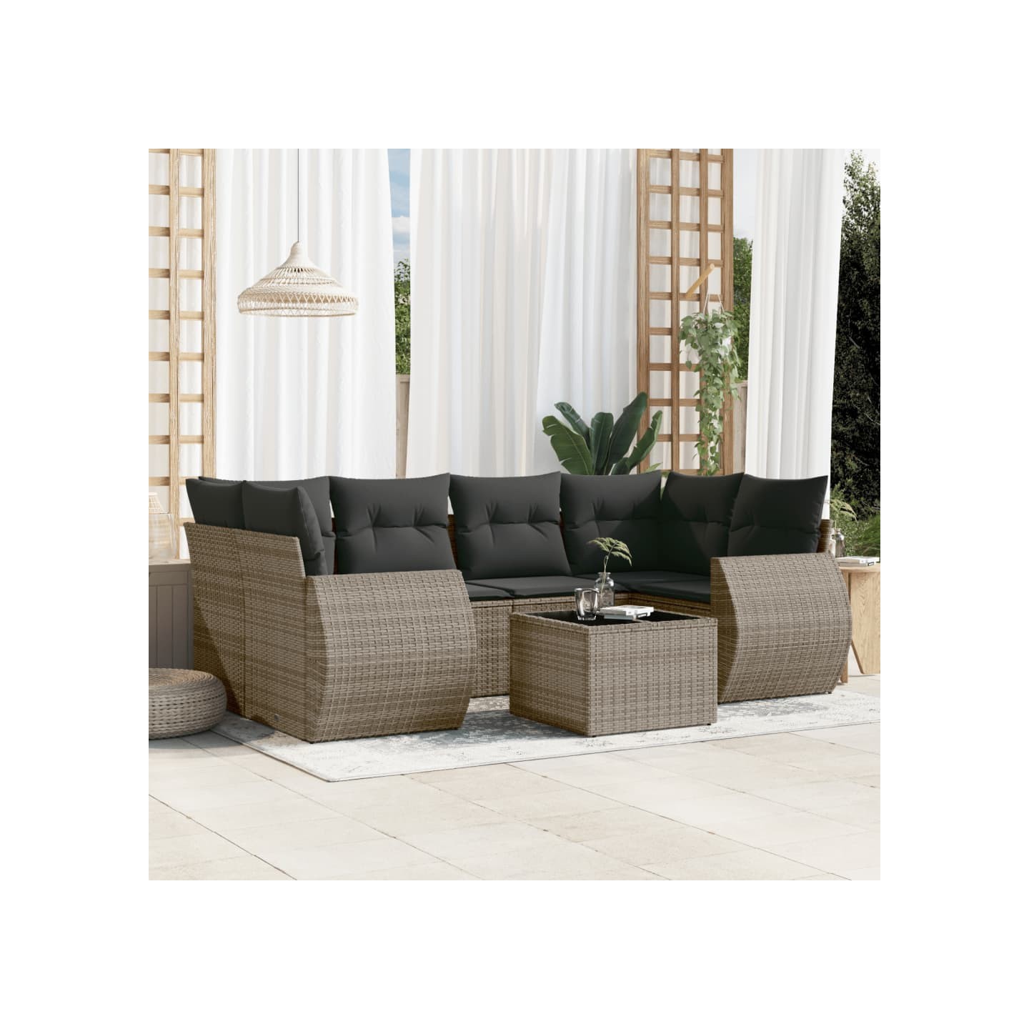 Salon de jardin avec coussins 7 pcs gris résine tressée