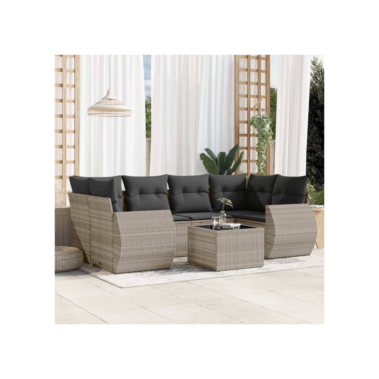 Salon de jardin avec coussins 7 pcs gris clair résine tressée