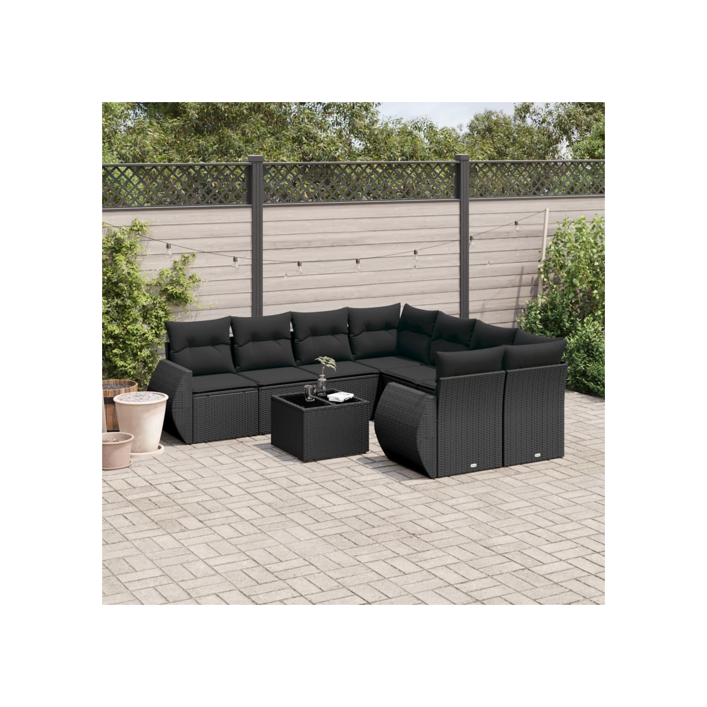 Salon de jardin 9 pcs avec coussins noir résine tressée