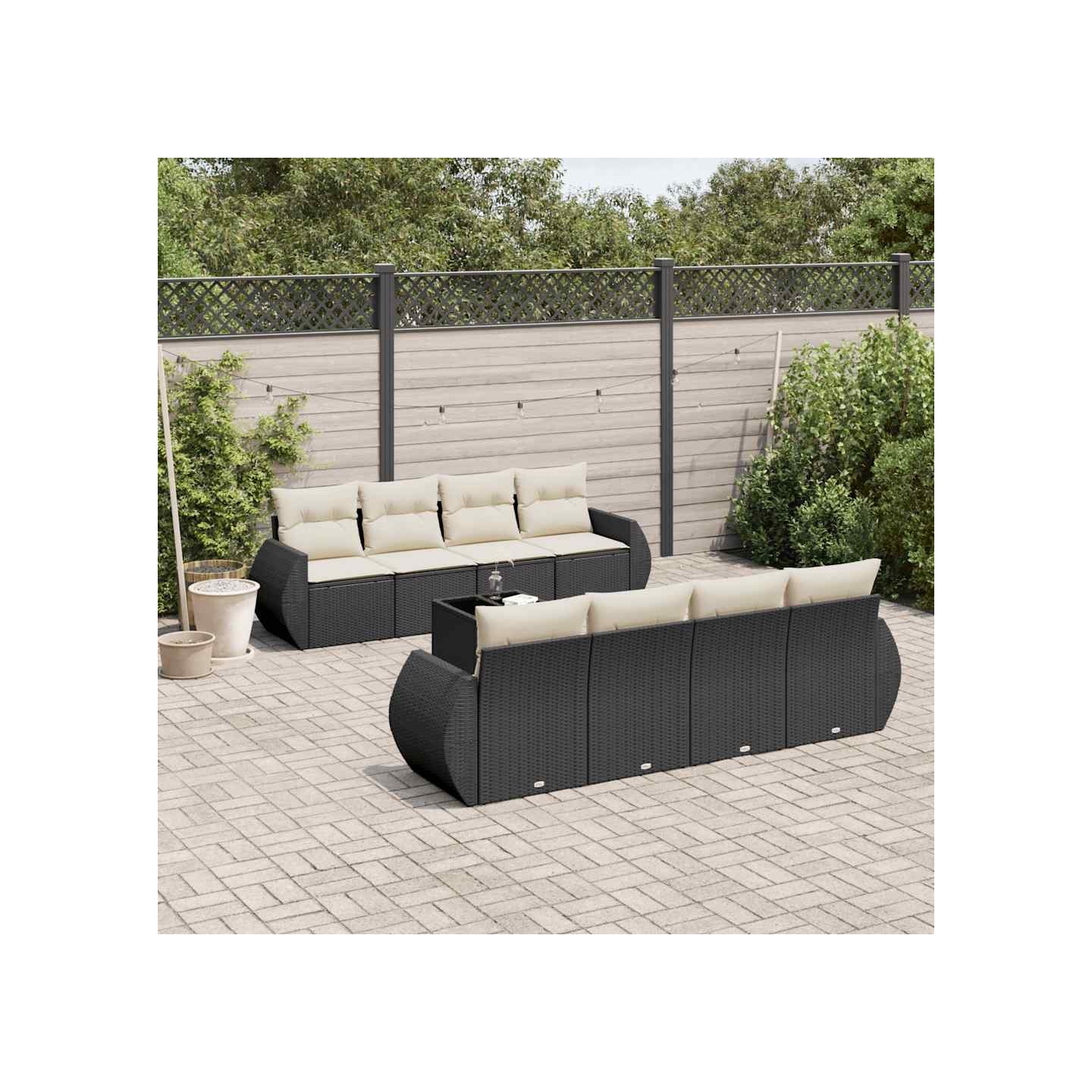 Salon de jardin 9 pcs avec coussins noir résine tressée