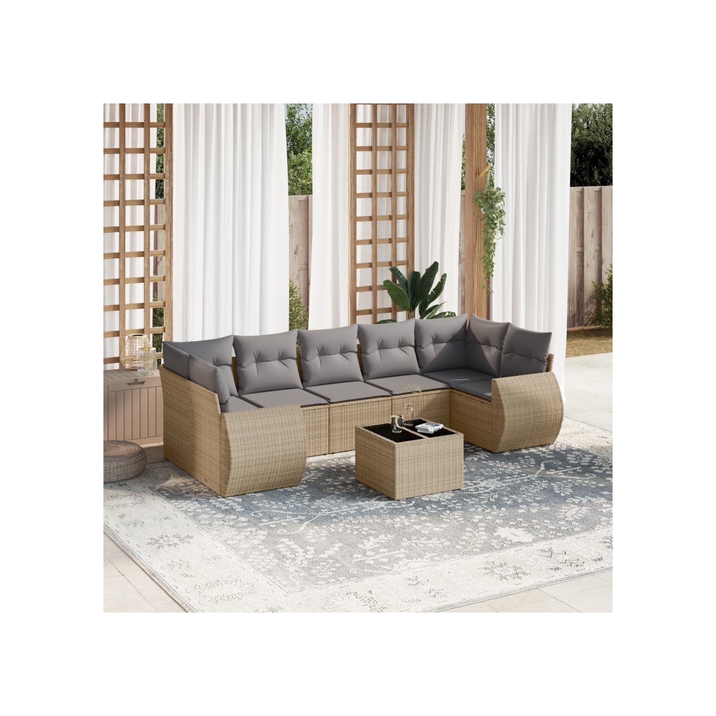 Salon de jardin avec coussins 8 pcs beige résine tressée