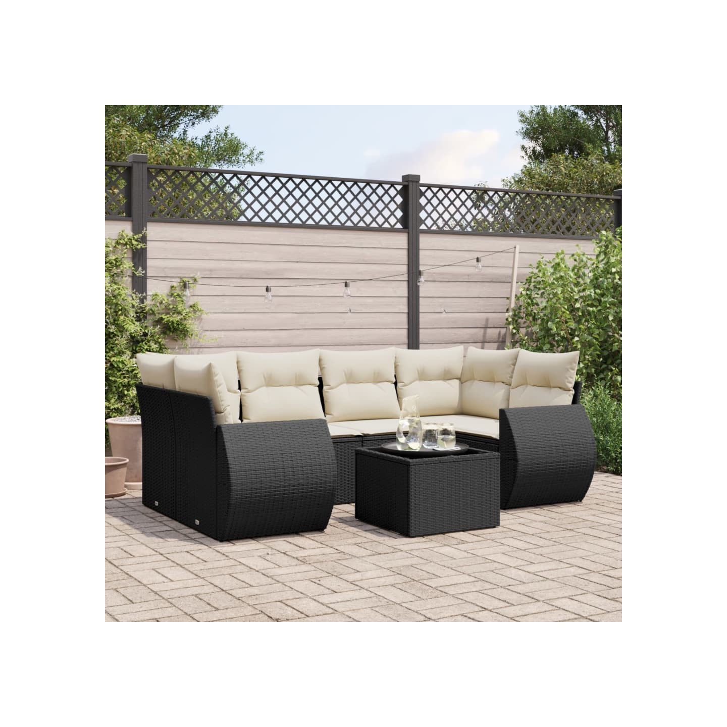Salon de jardin 7 pcs avec coussins noir résine tressée