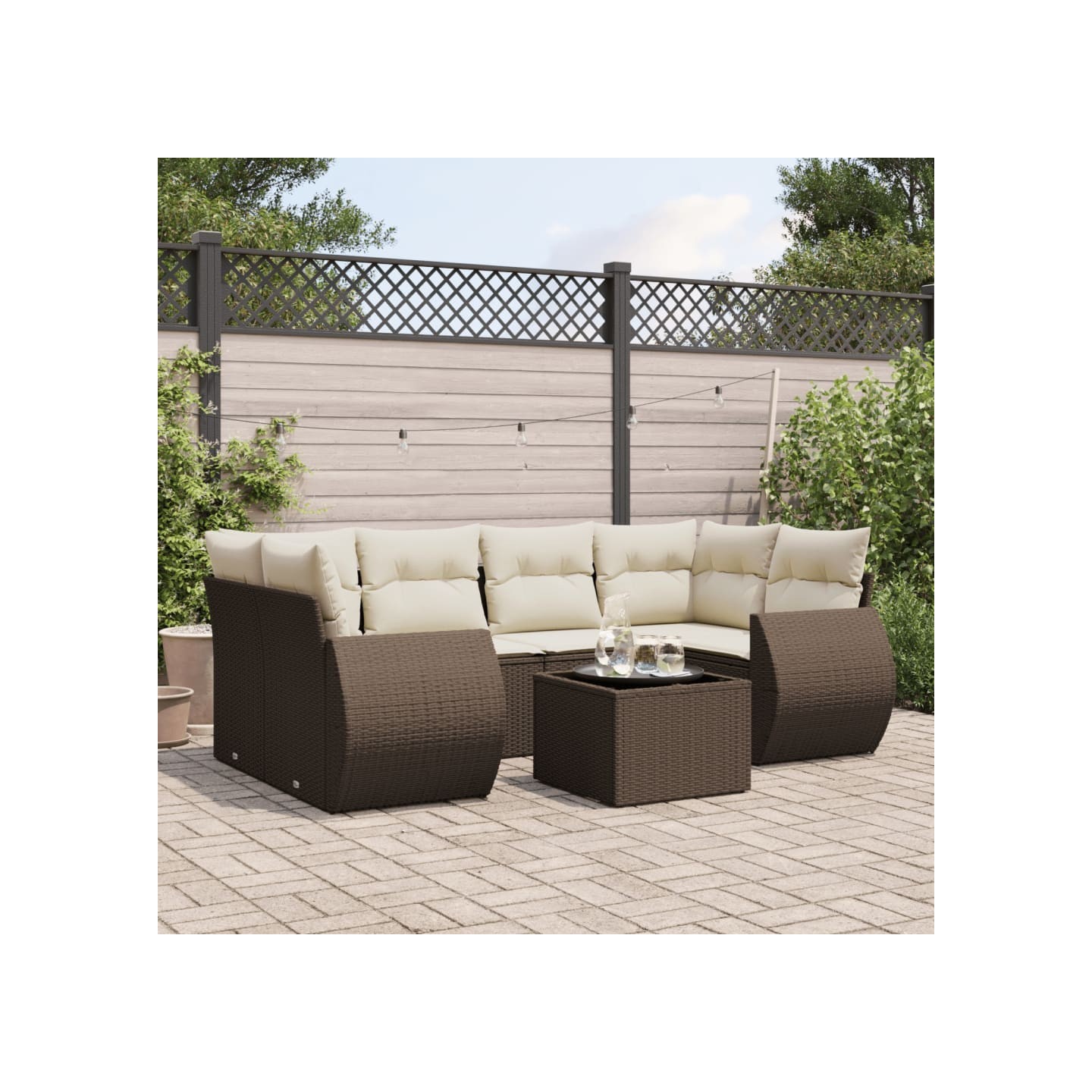 Salon de jardin avec coussins 7 pcs marron résine tressée