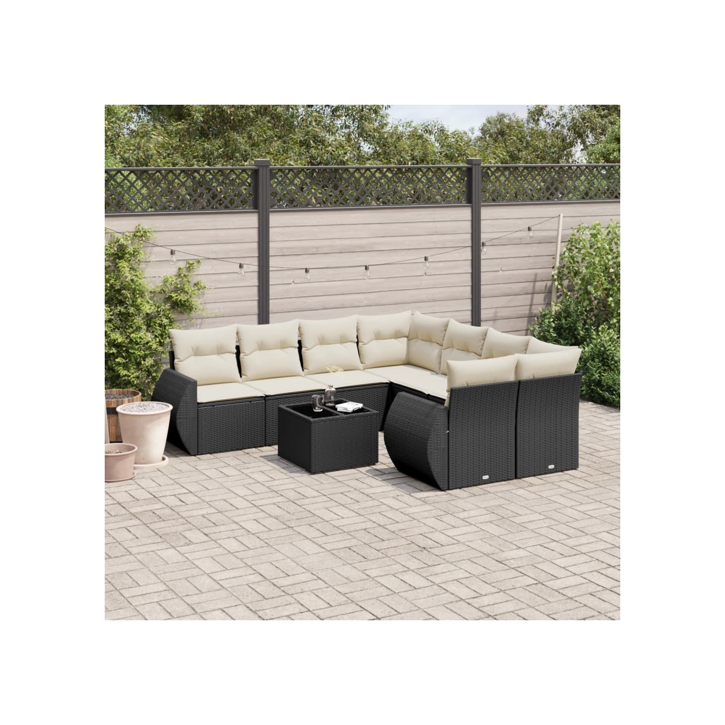 Salon de jardin 9 pcs avec coussins noir résine tressée